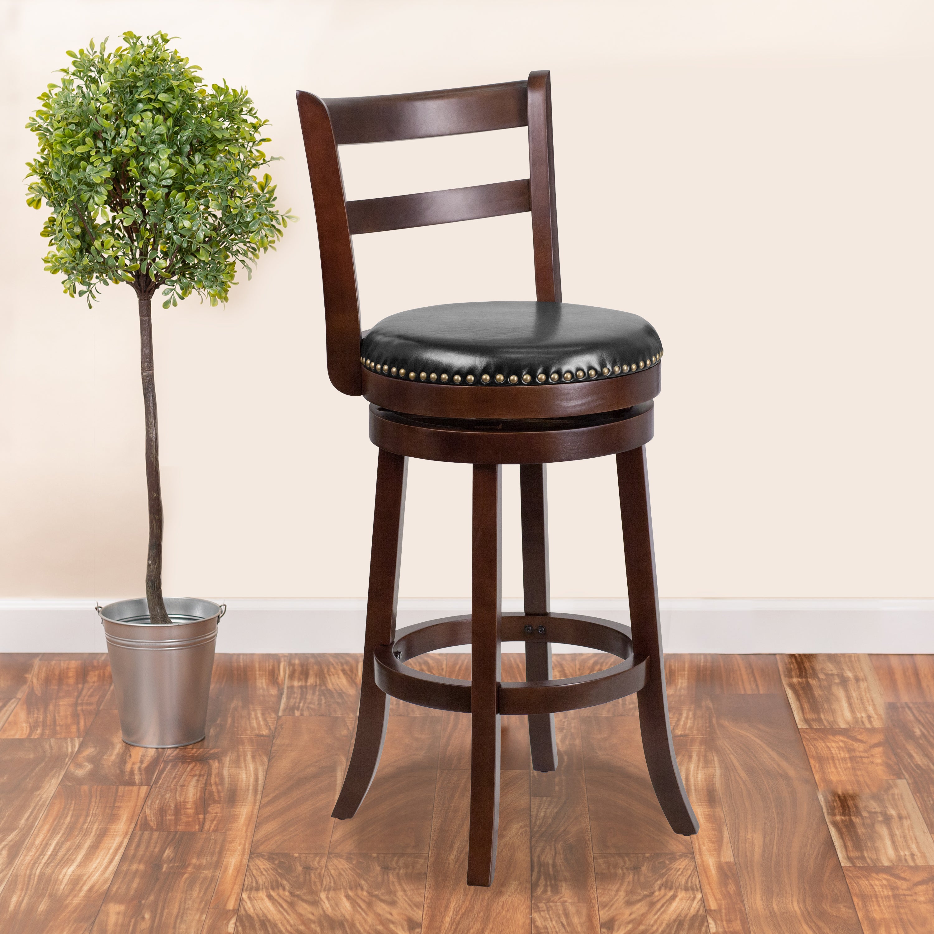 30'' High Wood Barstool with Single Slat Ladder Back and LeatherSoft Swivel Seat-Bar Stool-Flash Furniture-Wall2Wall Furnishings