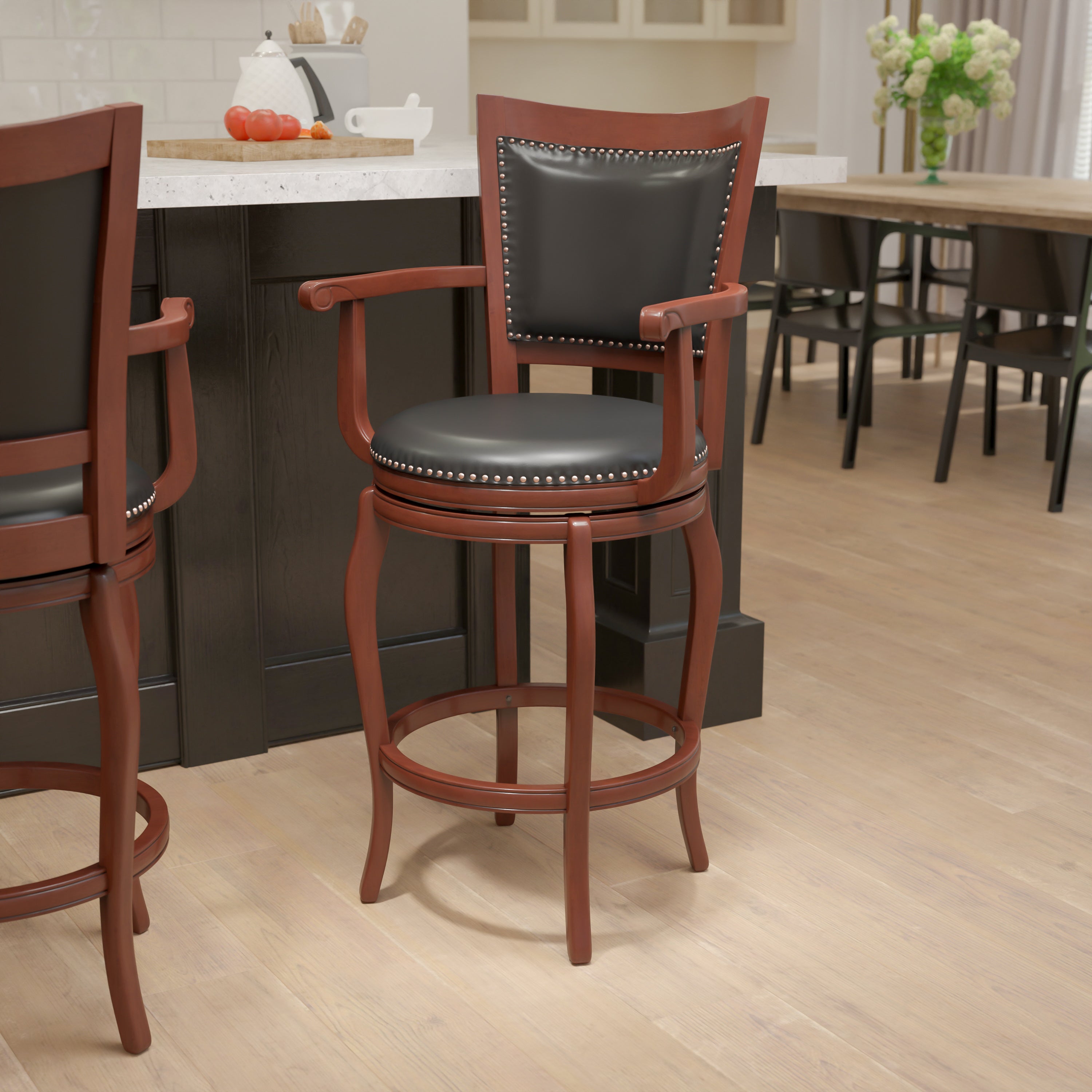 30'' High Wood Barstool with Arms, Panel Back and LeatherSoft Swivel Seat-Bar Stool-Flash Furniture-Wall2Wall Furnishings