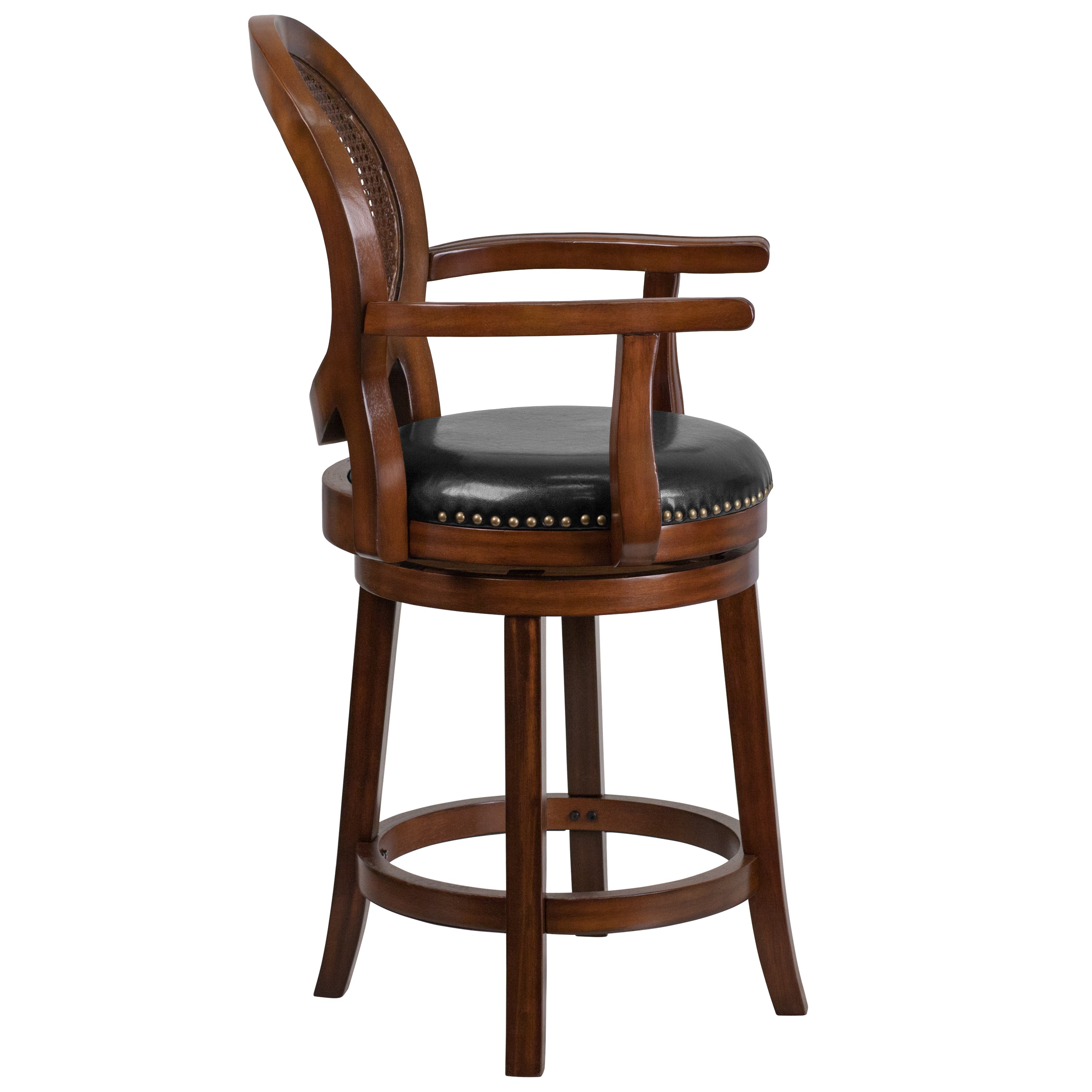 26'' High Wood Counter Height Stool with Arms, Woven Rattan Back and LeatherSoft Swivel Seat-Swivel Counter Stool-Flash Furniture-Wall2Wall Furnishings