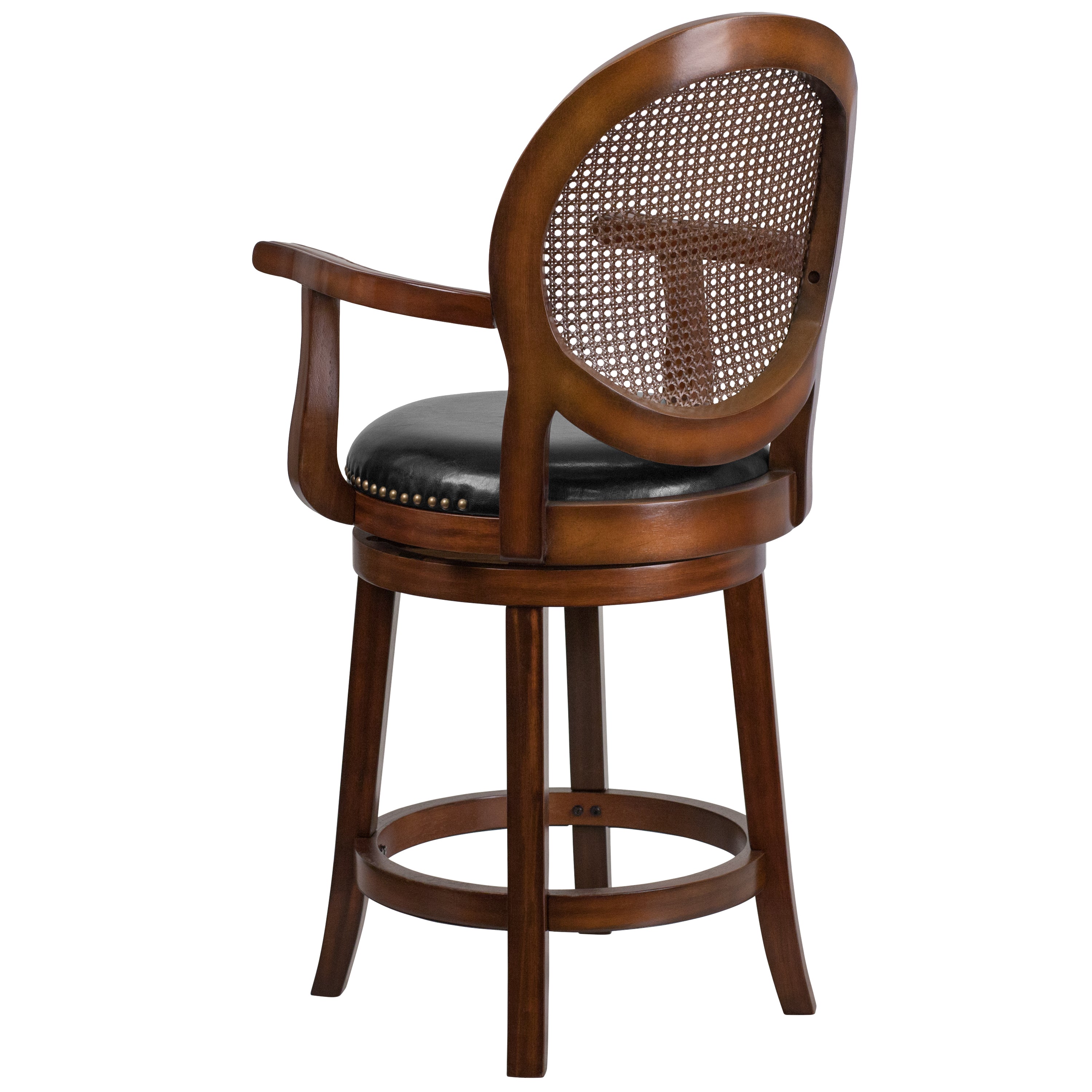 26'' High Wood Counter Height Stool with Arms, Woven Rattan Back and LeatherSoft Swivel Seat-Swivel Counter Stool-Flash Furniture-Wall2Wall Furnishings
