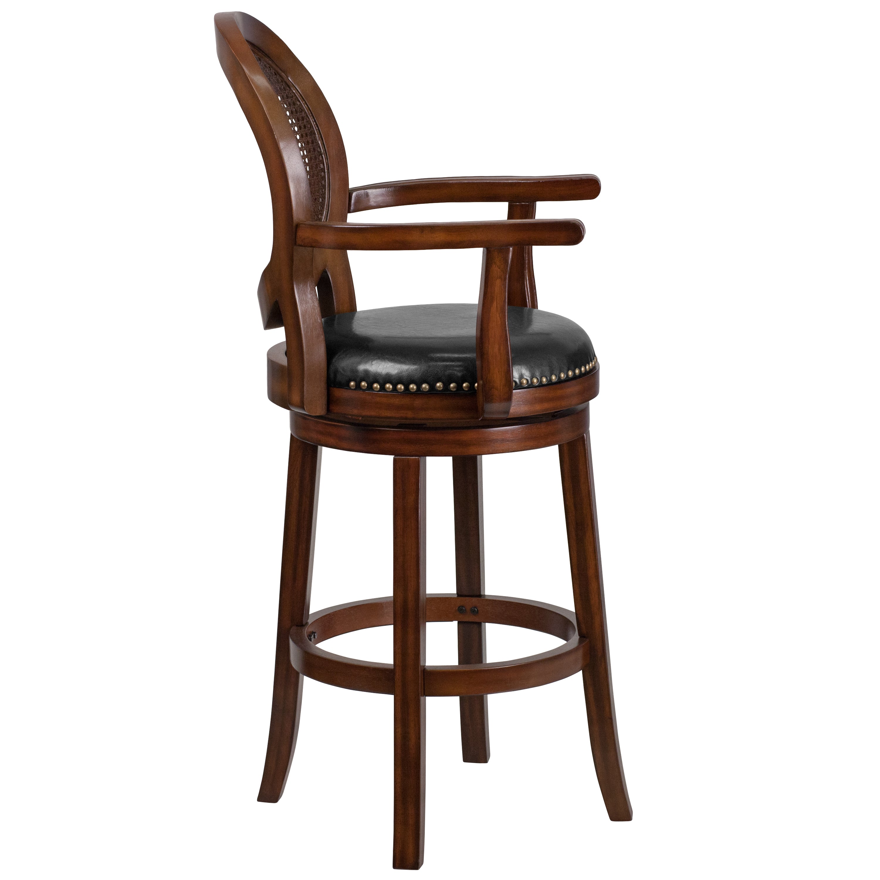 30'' High Wood Barstool with Arms, Woven Rattan Back and LeatherSoft Swivel Seat-Bar Stool-Flash Furniture-Wall2Wall Furnishings
