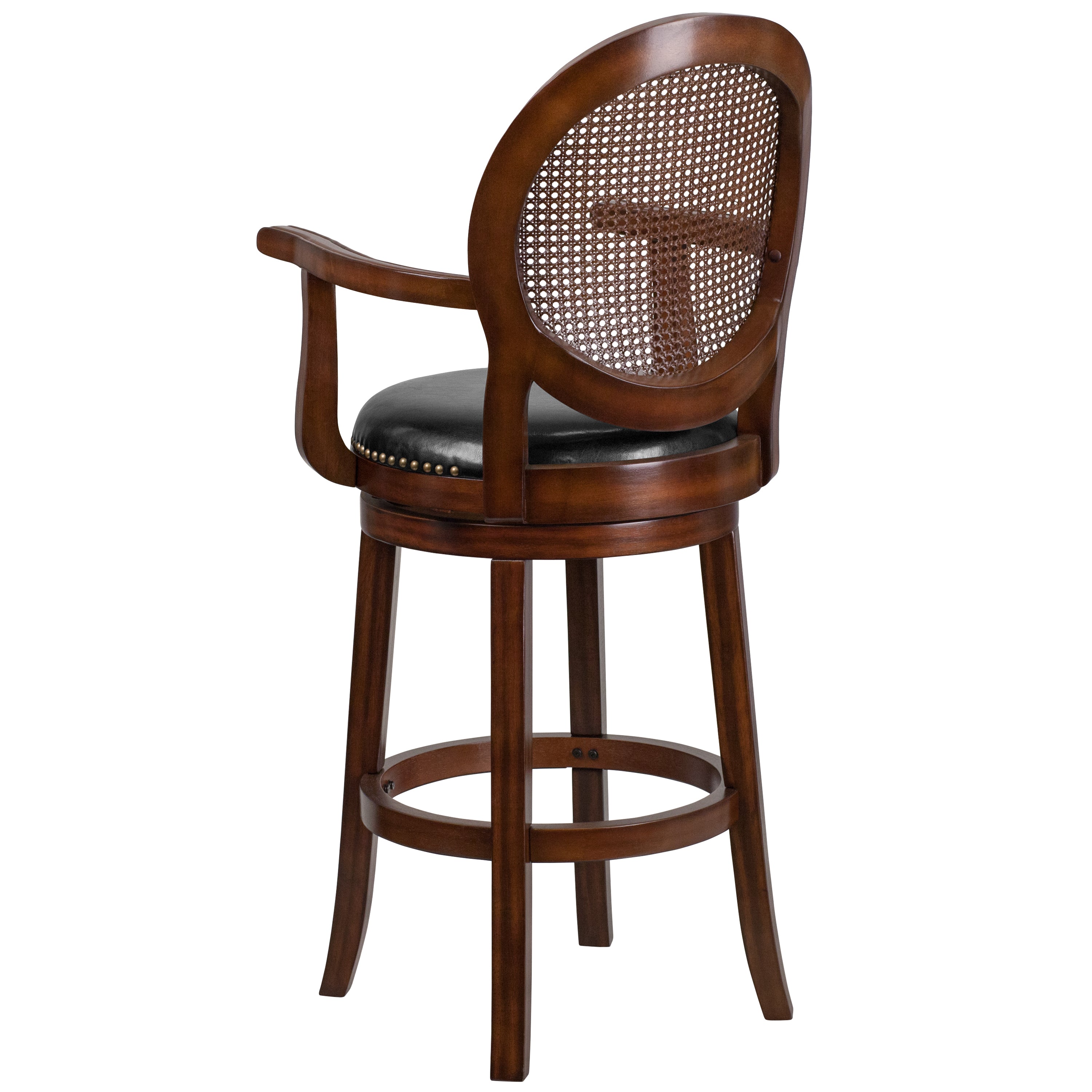 30'' High Wood Barstool with Arms, Woven Rattan Back and LeatherSoft Swivel Seat-Bar Stool-Flash Furniture-Wall2Wall Furnishings
