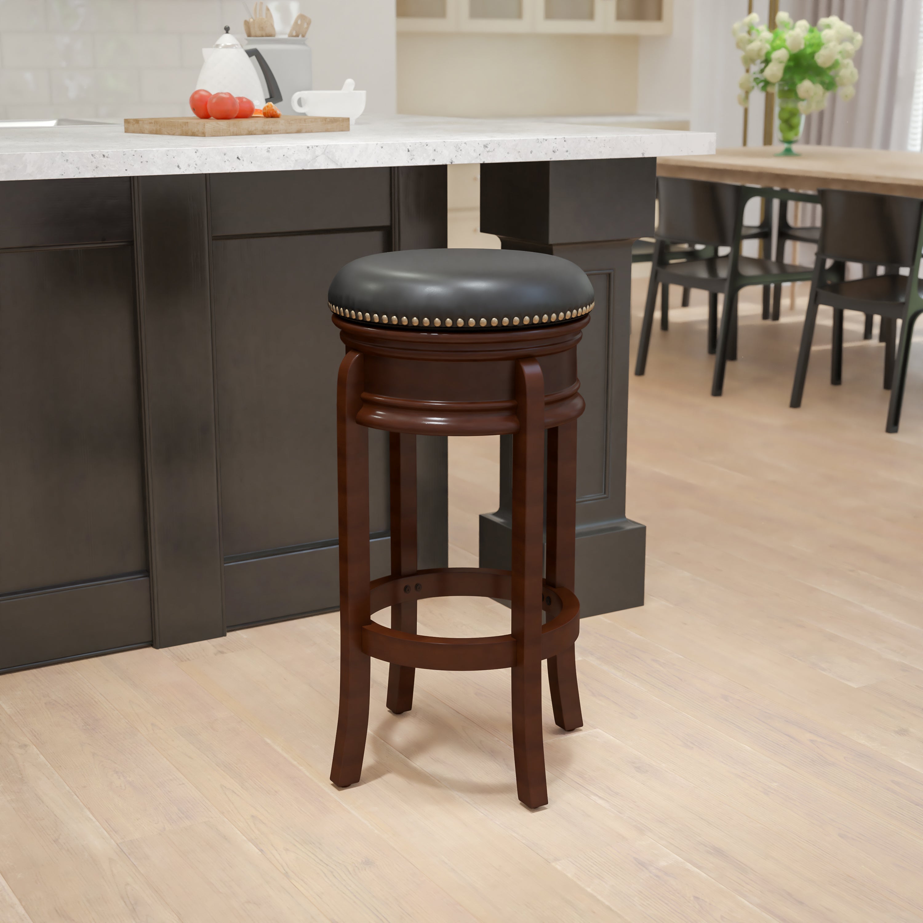 29'' High Backless Wood Barstool with Carved Apron and LeatherSoftSoft Swivel Seat-Bar Stool-Flash Furniture-Wall2Wall Furnishings