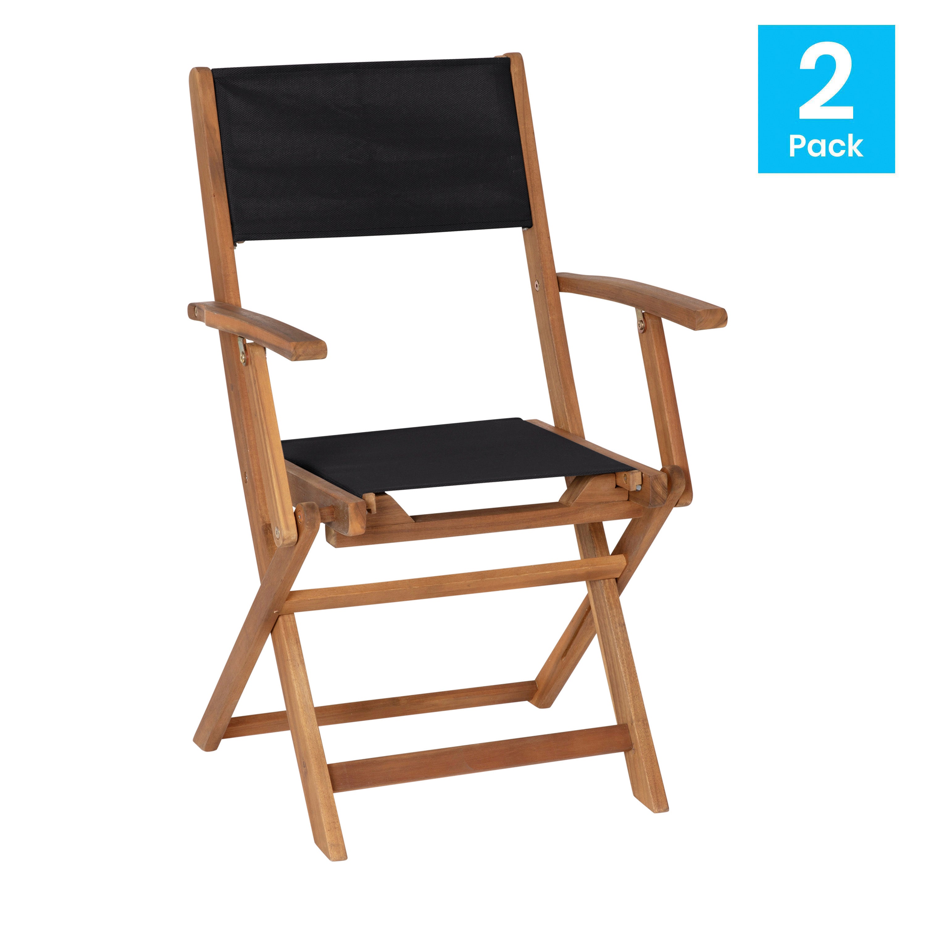 Martindale Indoor/Outdoor Folding Acacia Wood Patio Bistro Chairs with X Base Frame with Arms and Textilene Back and Seat, Set of 2-Folding Chair-Flash Furniture-Wall2Wall Furnishings