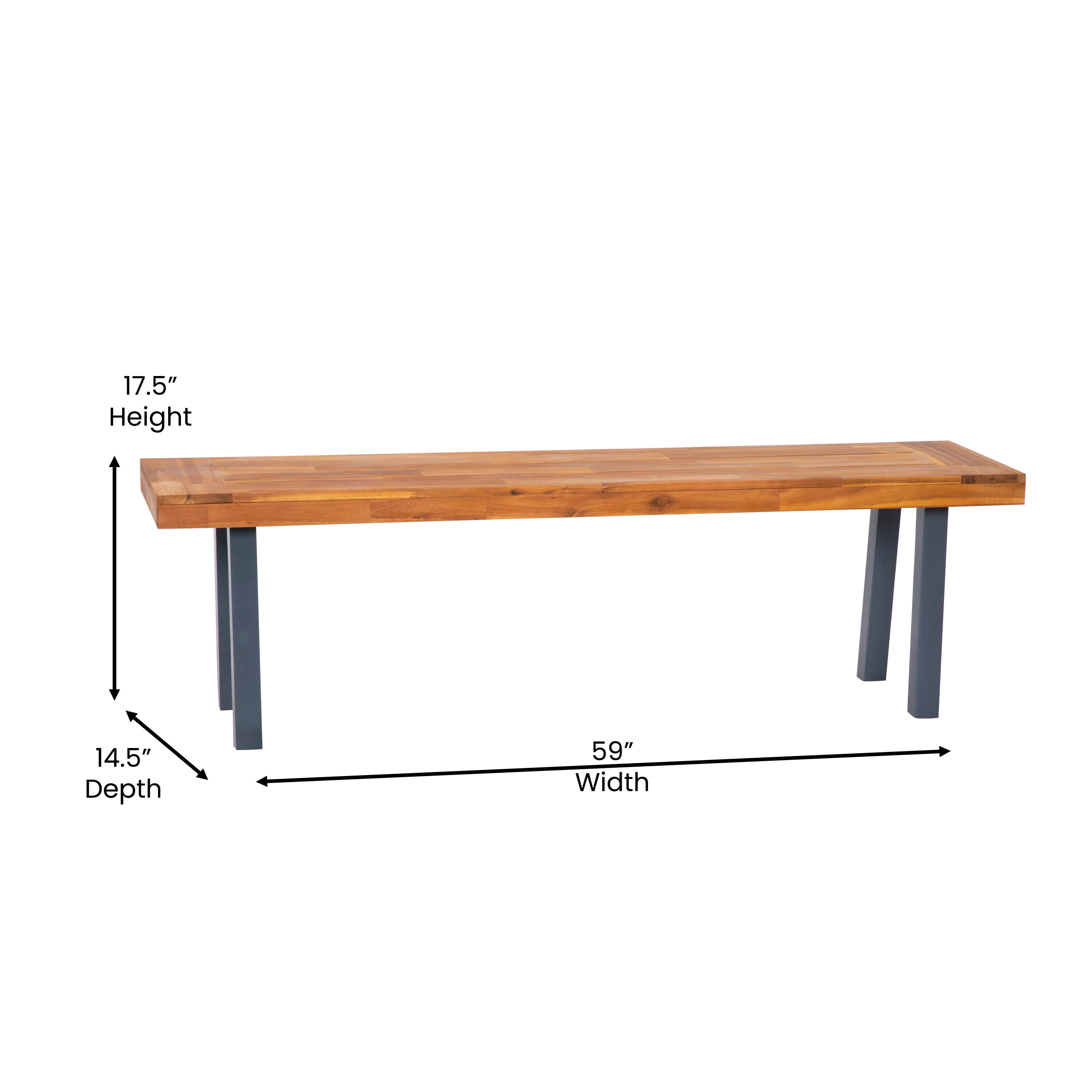 Martindale Solid Acacia Wood Patio Dining Bench for 2 with Slatted Top and Black Flared Wooden Legs-Patio Bench-Flash Furniture-Wall2Wall Furnishings
