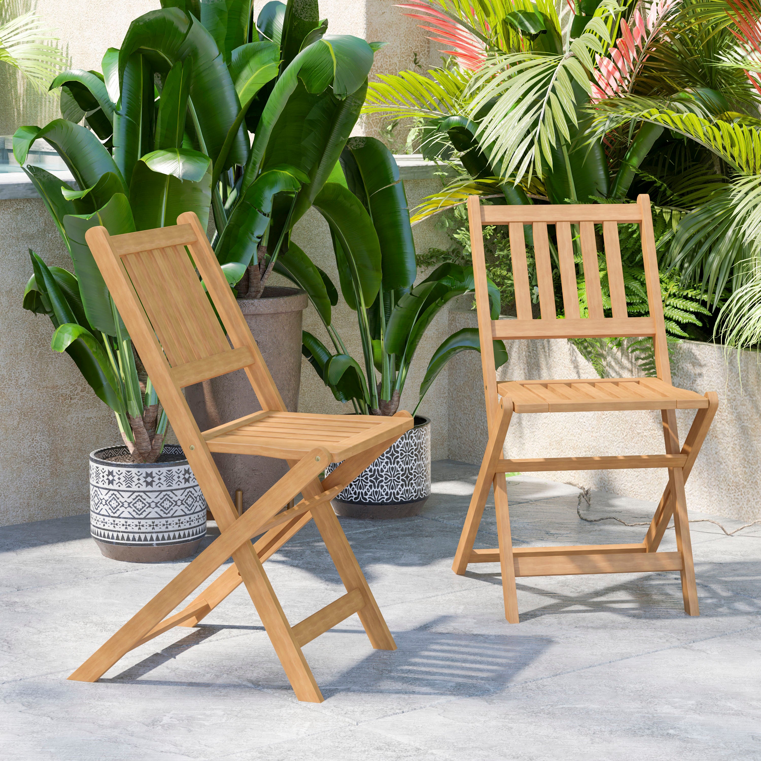 Martindale Indoor/Outdoor Folding Acacia Wood Patio Bistro Chairs with X Base Frame and Slatted Back and Seat in Natural Finish, Set of 2-Folding Chair-Flash Furniture-Wall2Wall Furnishings