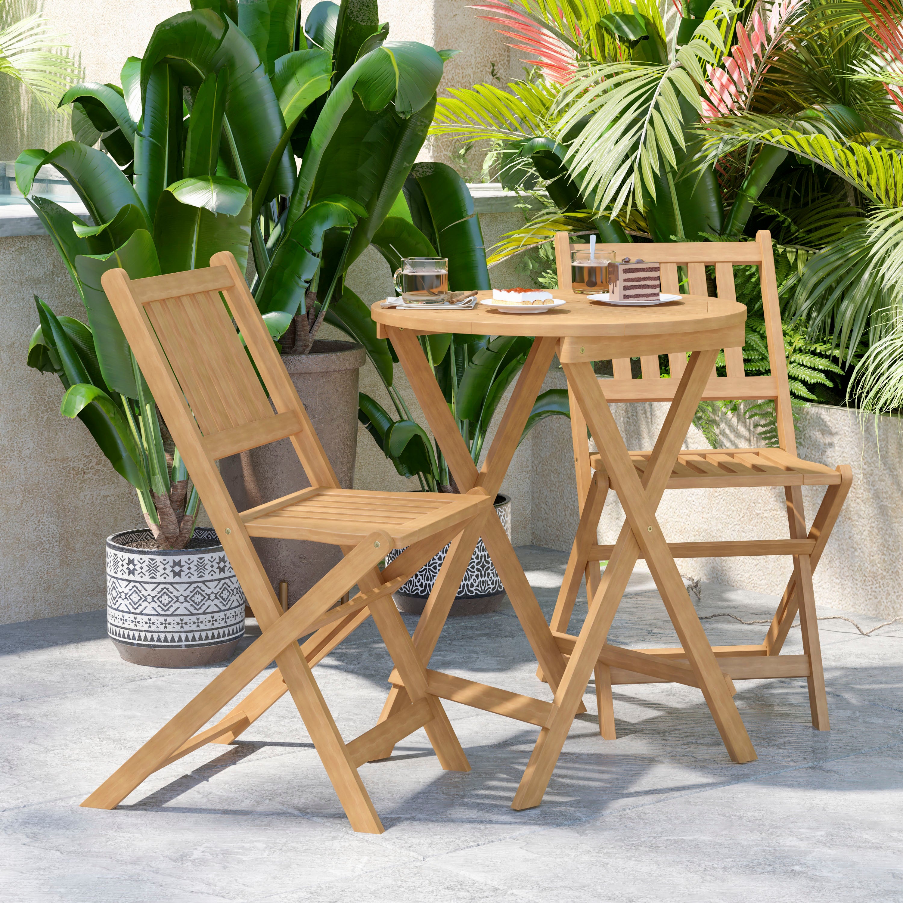 Martindale 3 Piece Folding Patio Bistro Set, Indoor/Outdoor Acacia Wood Table and 2 Chair Set with Slatted Design-Folding Table and Chair Set-Flash Furniture-Wall2Wall Furnishings