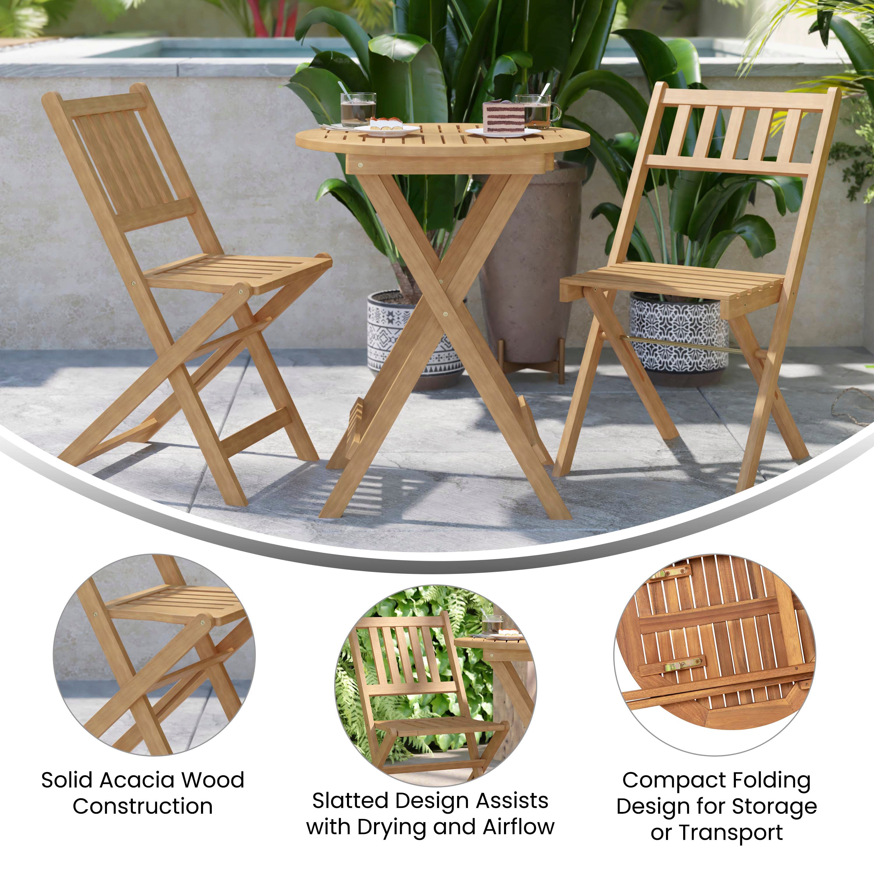 Martindale 3 Piece Folding Patio Bistro Set, Indoor/Outdoor Acacia Wood Table and 2 Chair Set with Slatted Design-Folding Table and Chair Set-Flash Furniture-Wall2Wall Furnishings