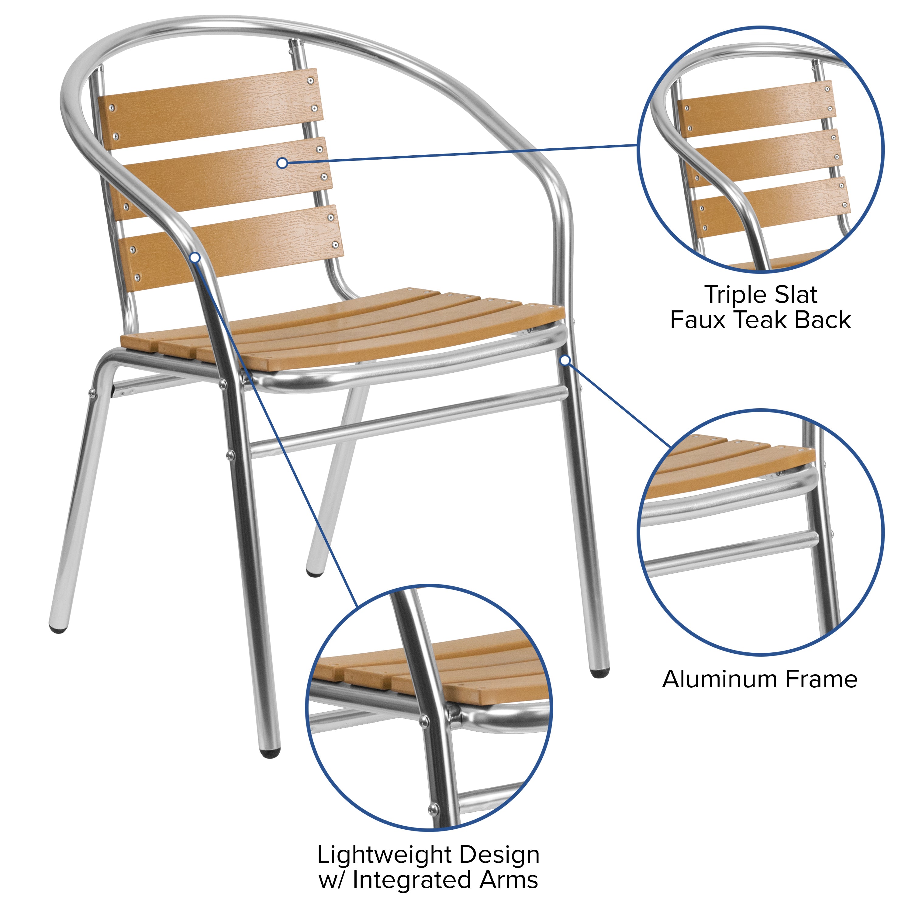 Lila Aluminum Commercial Indoor-Outdoor Restaurant Stack Chair with Triple Slat Faux Teak Back-Indoor/Outdoor Chairs-Flash Furniture-Wall2Wall Furnishings