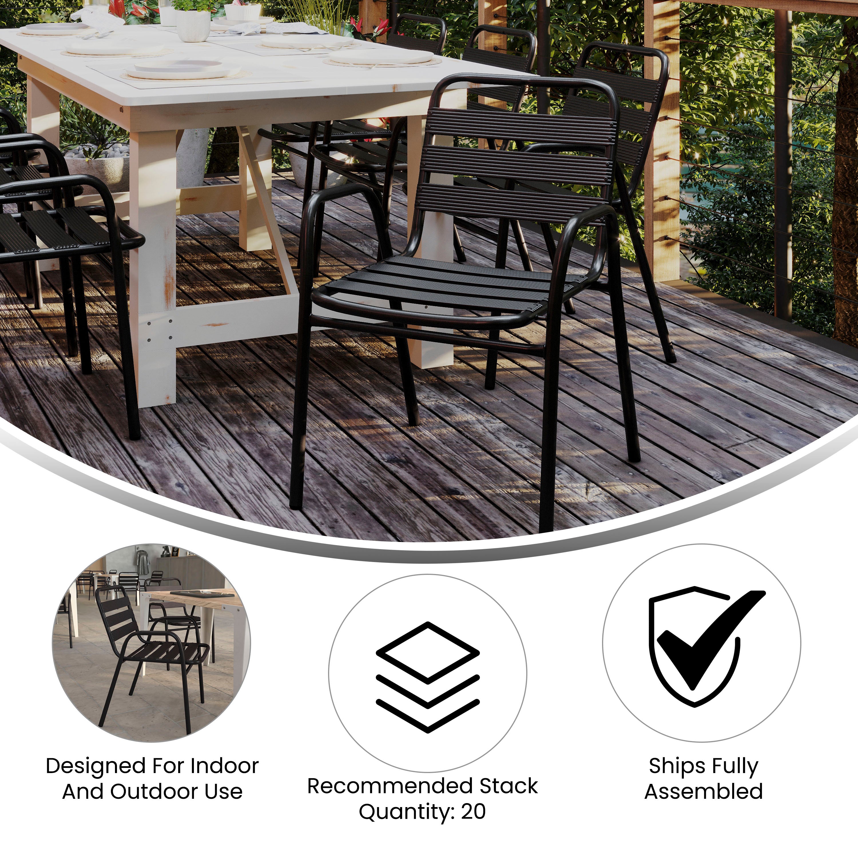 Lila Commercial Metal Indoor-Outdoor Restaurant Stack Chair with Metal Triple Slat Back and Arms-Metal Patio Chair-Flash Furniture-Wall2Wall Furnishings