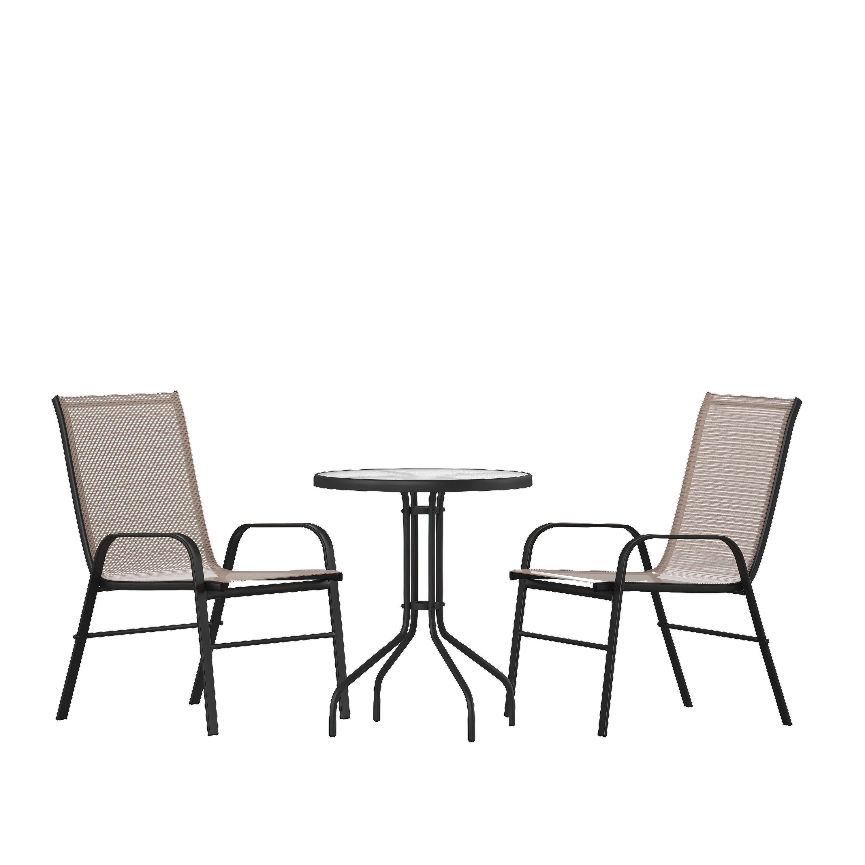 Brazos 3 Piece Outdoor Patio Dining Set - Tempered Glass Patio Table, 2 Flex Comfort Stack Chairs-Glass Patio Table and Chair Set-Flash Furniture-Wall2Wall Furnishings