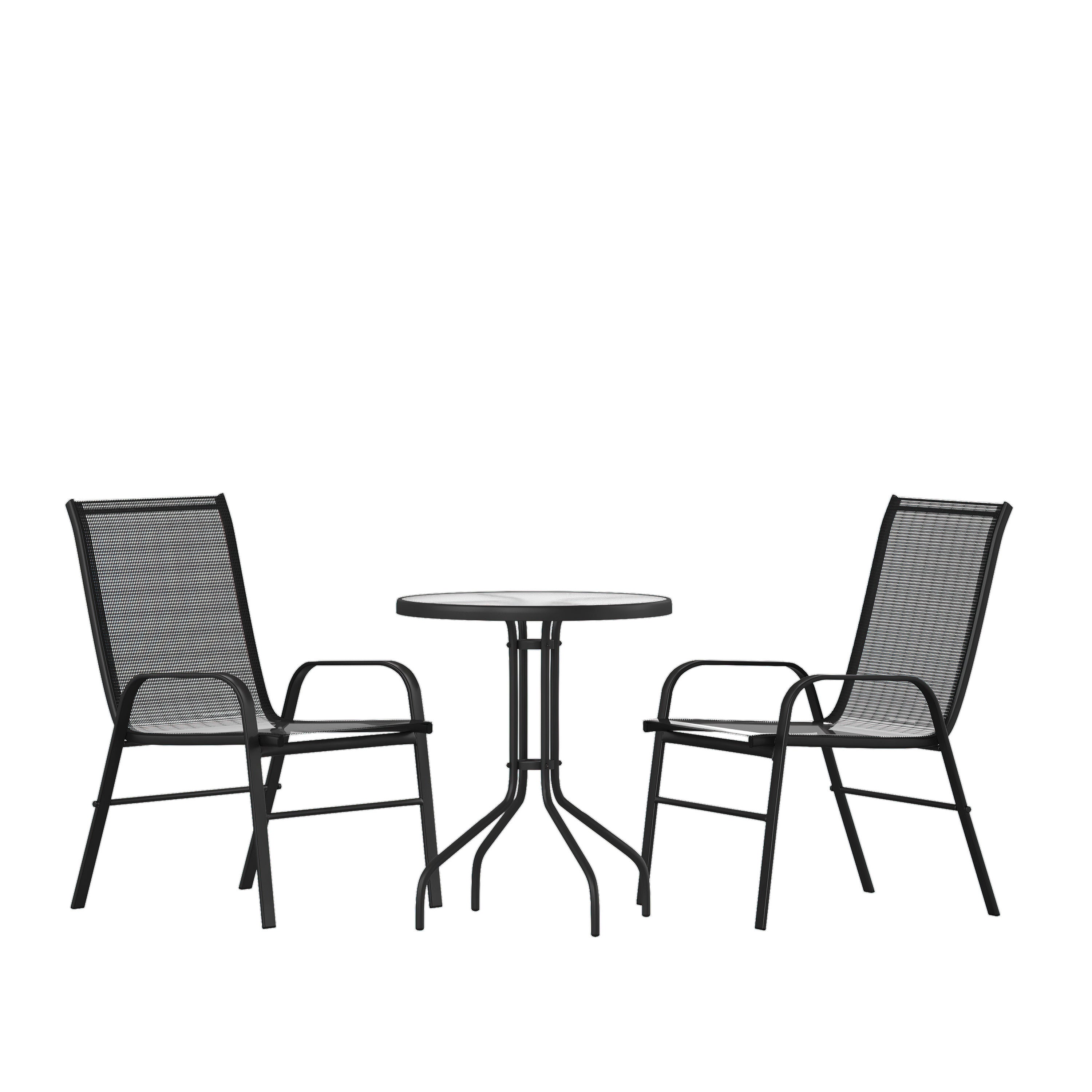 Brazos 3 Piece Outdoor Patio Dining Set - Tempered Glass Patio Table, 2 Flex Comfort Stack Chairs-Glass Patio Table and Chair Set-Flash Furniture-Wall2Wall Furnishings