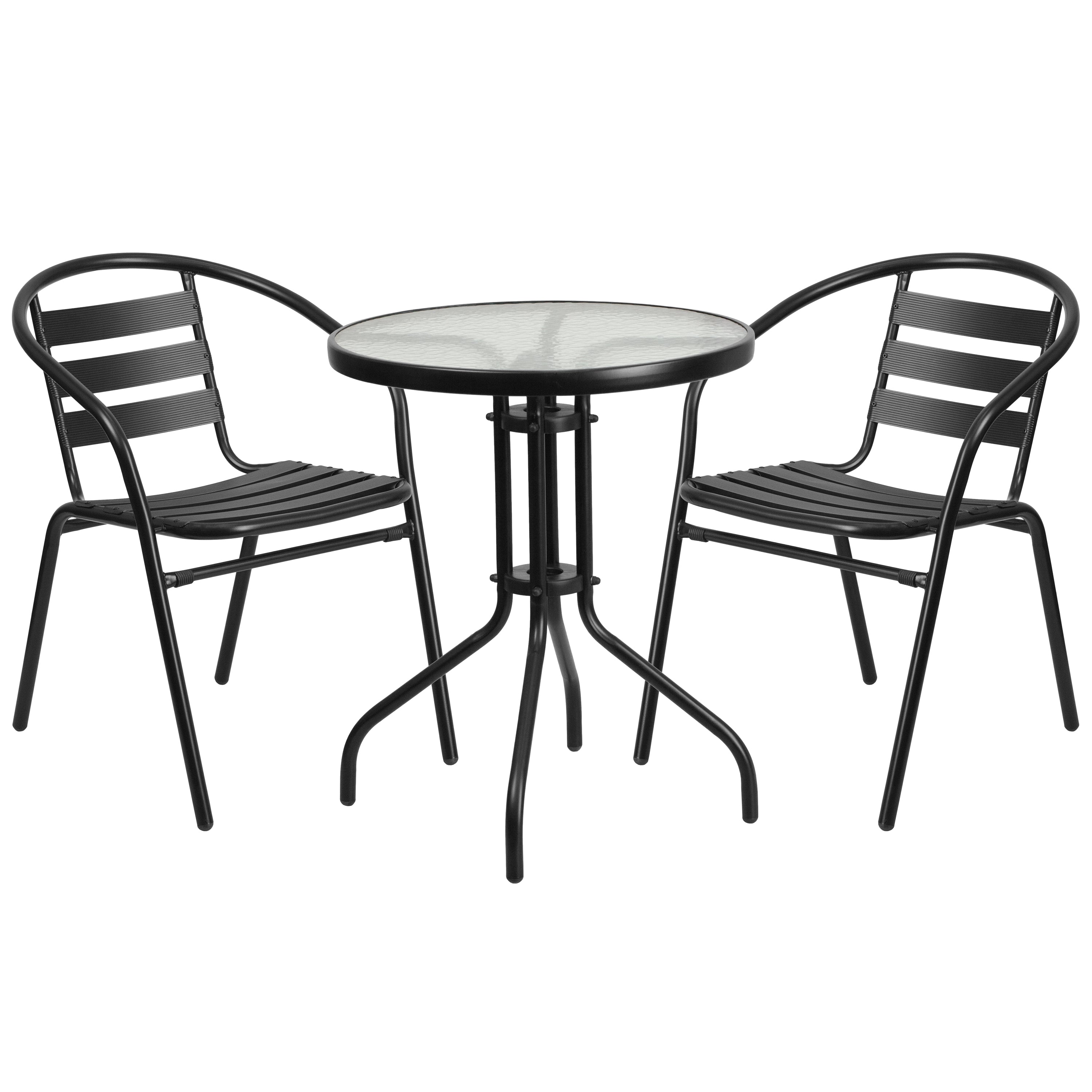 Lila 23.75'' Round Glass Metal Table with 2 Metal Aluminum Slat Stack Chairs-Indoor/Outdoor Dining Sets-Flash Furniture-Wall2Wall Furnishings