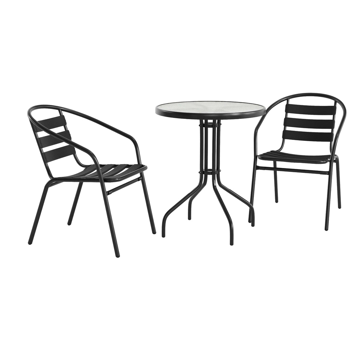Lila 23.75'' Round Glass Metal Table with 2 Metal Aluminum Slat Stack Chairs
