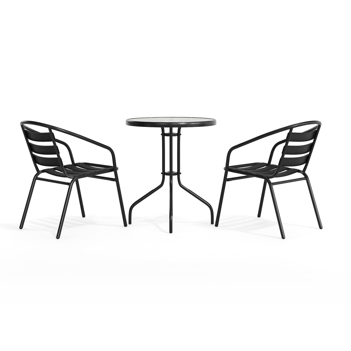 Lila 23.75'' Round Glass Metal Table with 2 Metal Aluminum Slat Stack Chairs