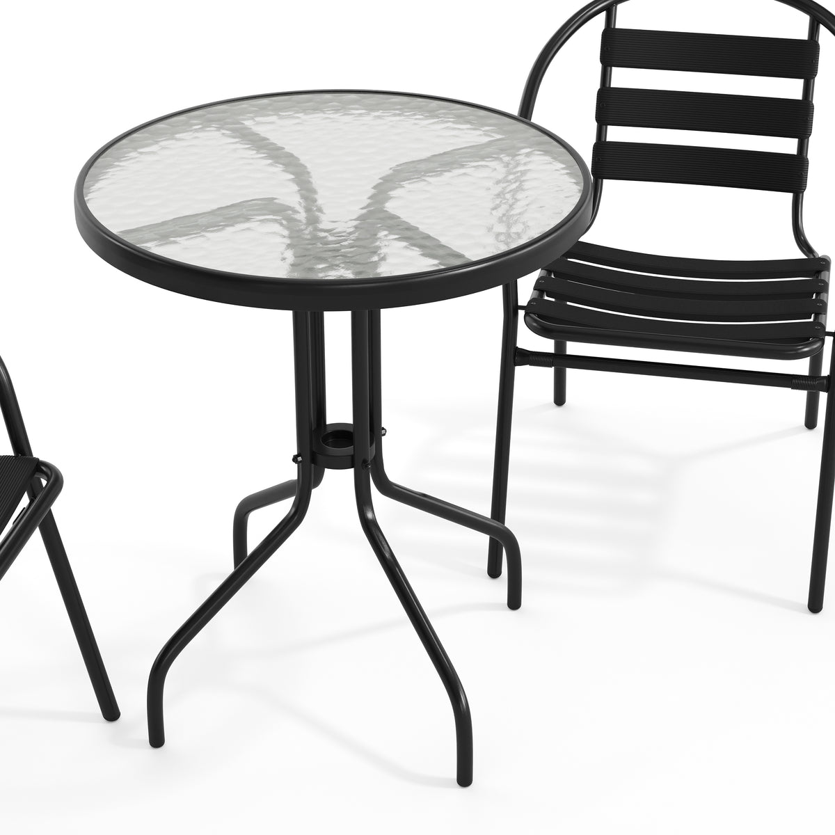 Lila 23.75'' Round Glass Metal Table with 2 Metal Aluminum Slat Stack Chairs