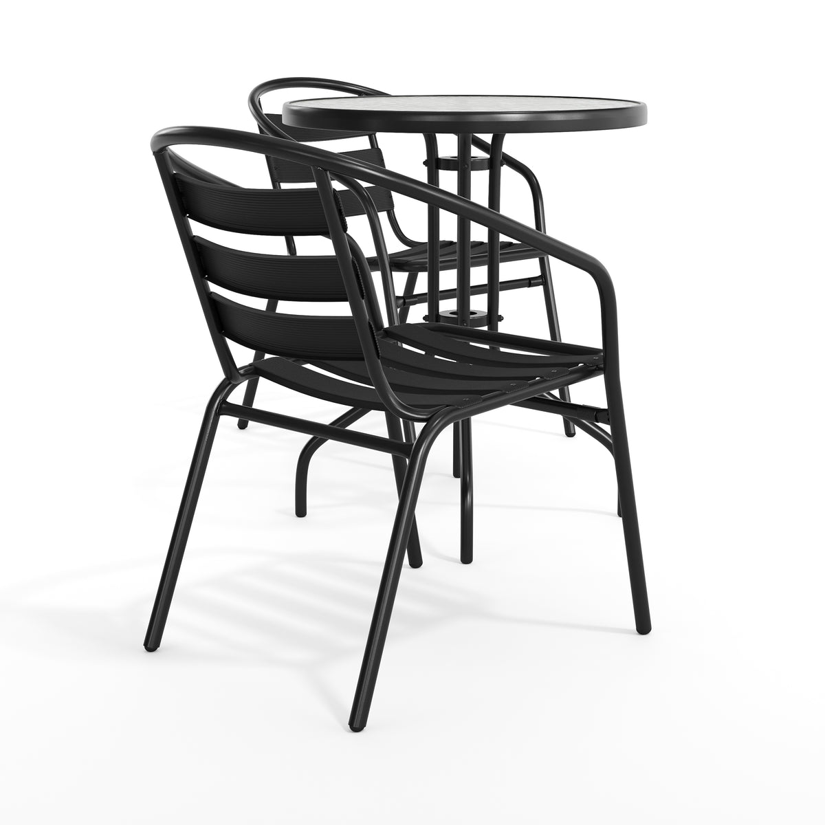 Lila 23.75'' Round Glass Metal Table with 2 Metal Aluminum Slat Stack Chairs
