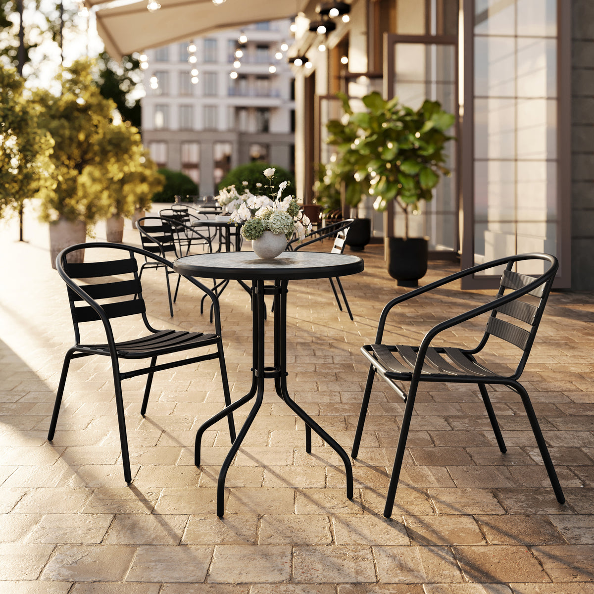 Lila 23.75'' Round Glass Metal Table with 2 Metal Aluminum Slat Stack Chairs