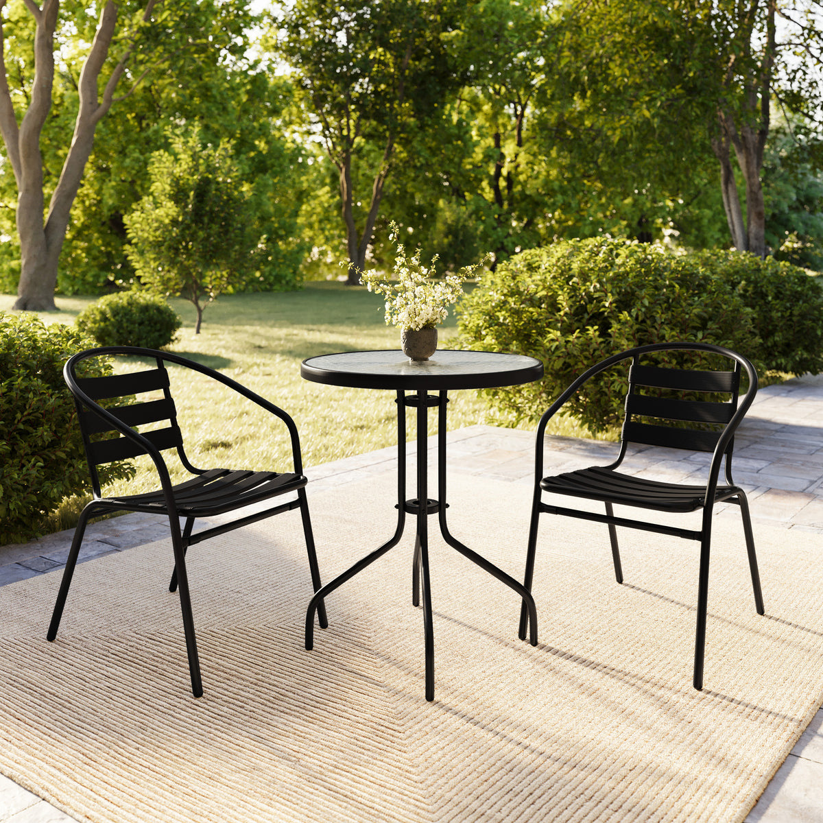 Lila 23.75'' Round Glass Metal Table with 2 Metal Aluminum Slat Stack Chairs