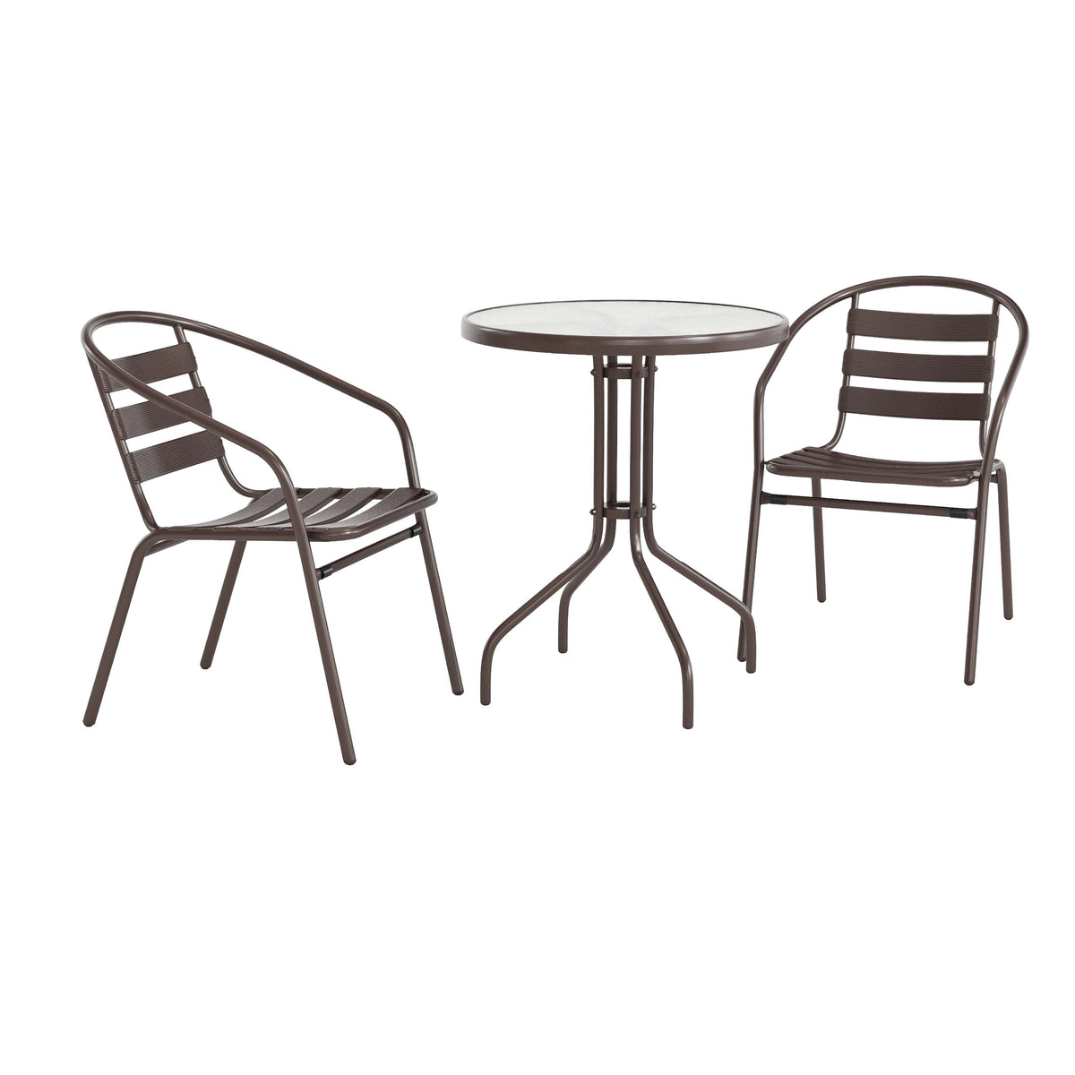 Lila 23.75'' Round Glass Metal Table with 2 Metal Aluminum Slat Stack Chairs