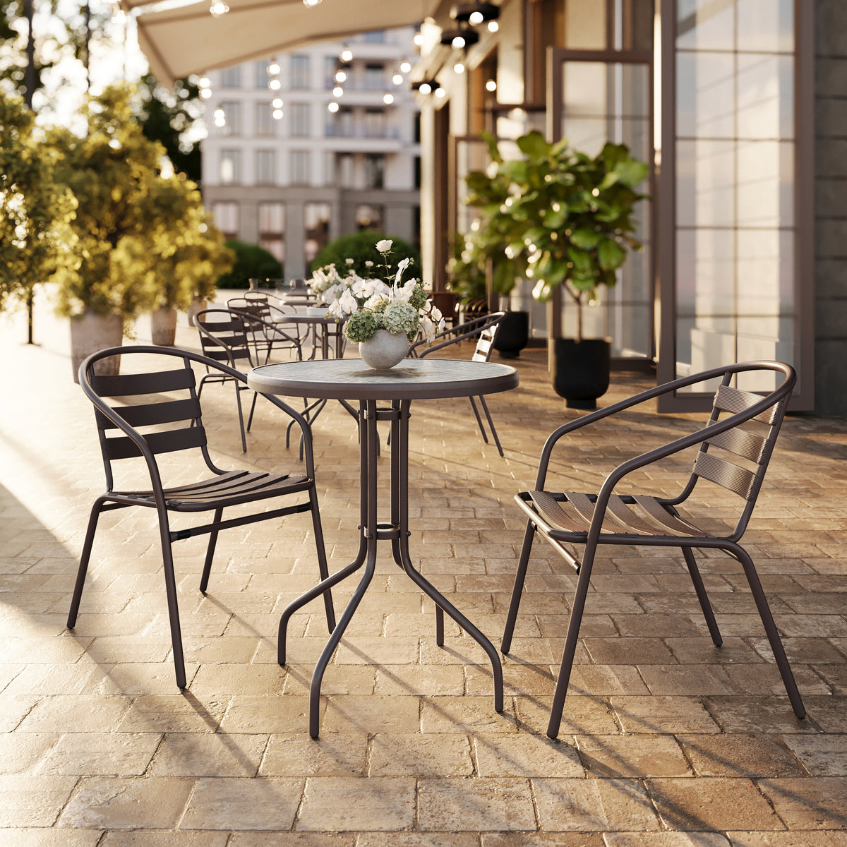 Lila 23.75'' Round Glass Metal Table with 2 Metal Aluminum Slat Stack Chairs