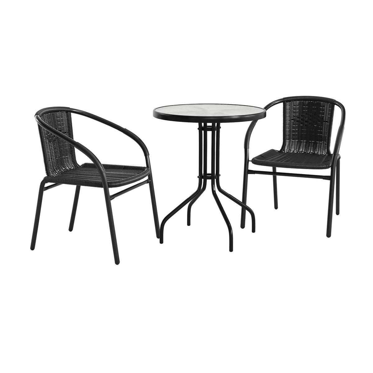 Lila 23.75'' Round Glass Metal Table with 2 Rattan Stack Chairs