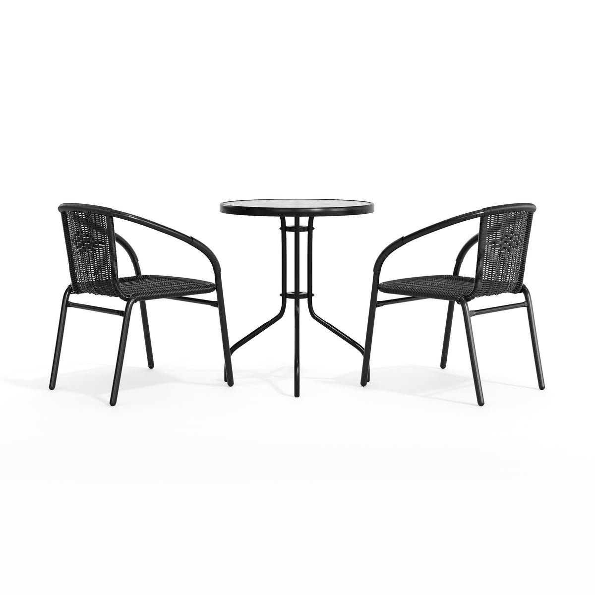 Lila 23.75'' Round Glass Metal Table with 2 Rattan Stack Chairs