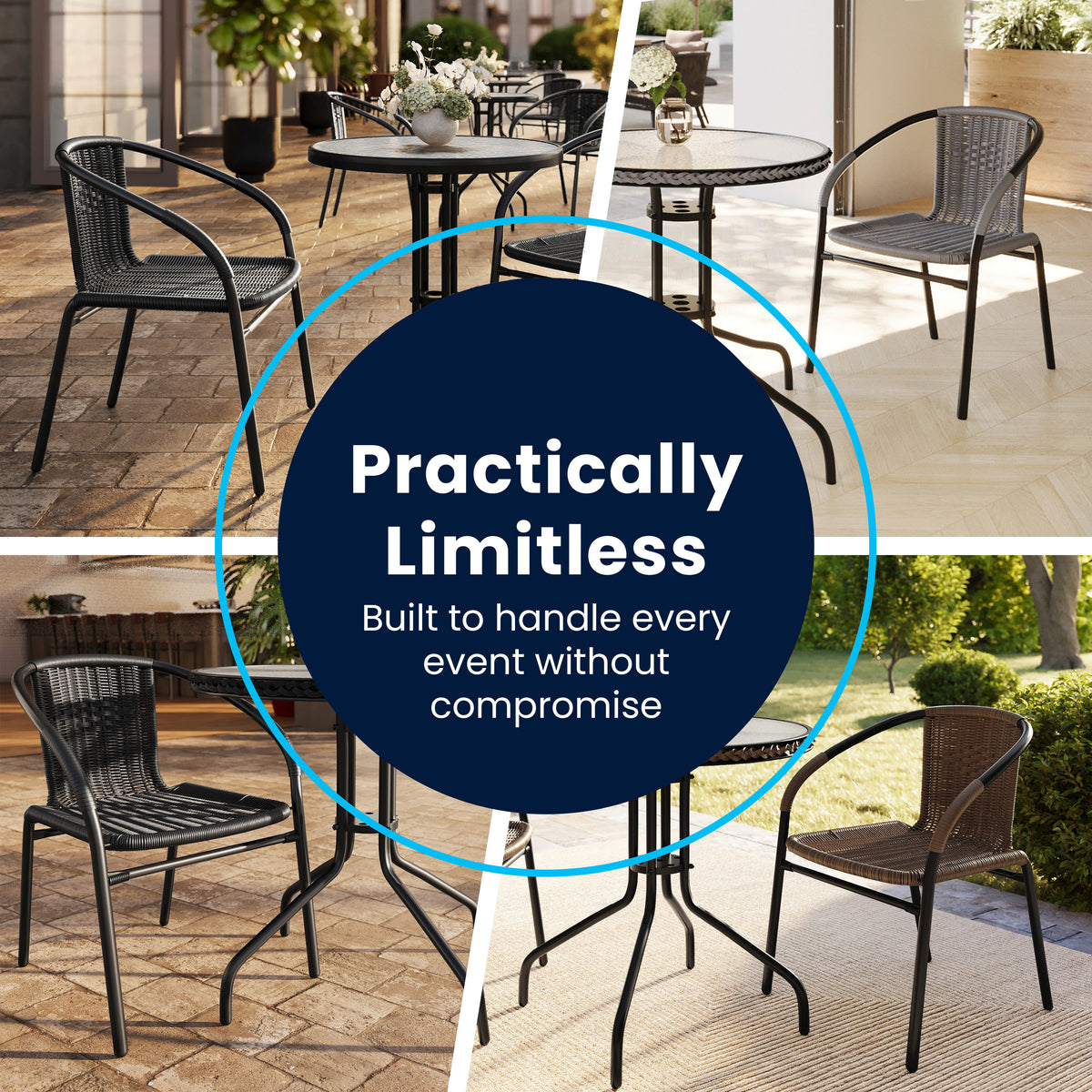 Lila 23.75'' Round Glass Metal Table with 2 Rattan Stack Chairs