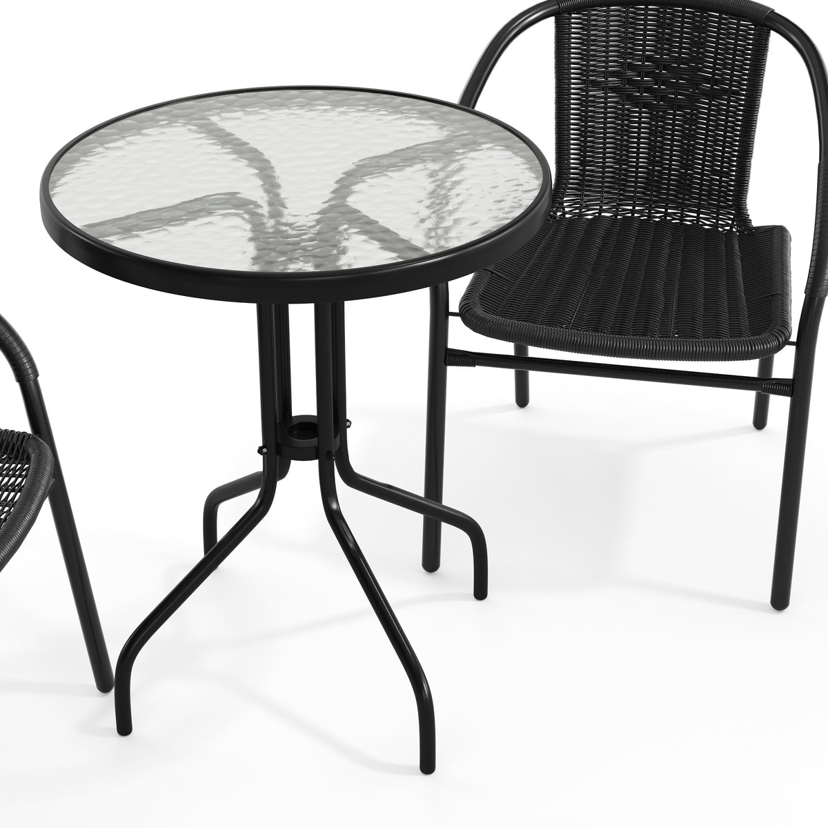 Lila 23.75'' Round Glass Metal Table with 2 Rattan Stack Chairs