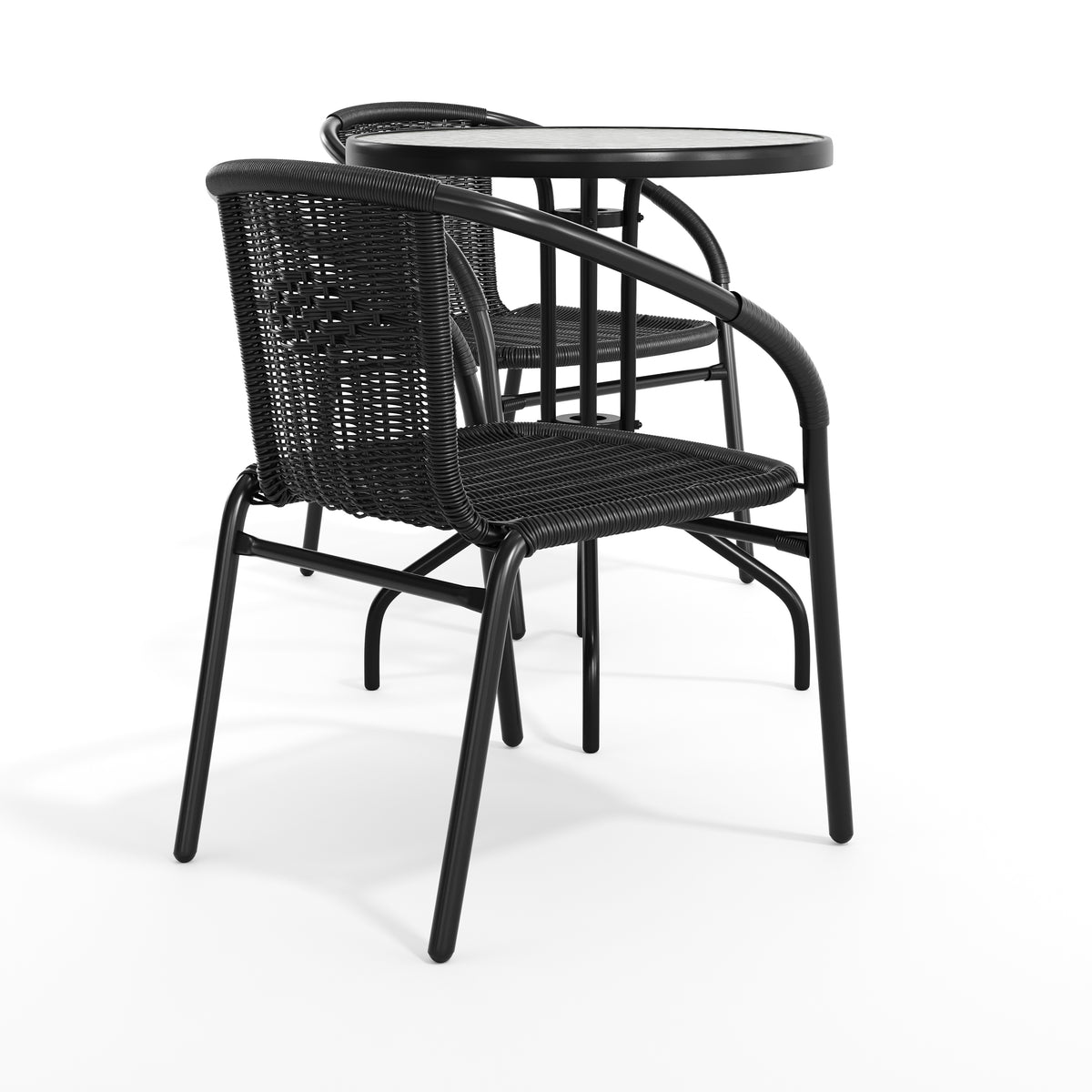 Lila 23.75'' Round Glass Metal Table with 2 Rattan Stack Chairs