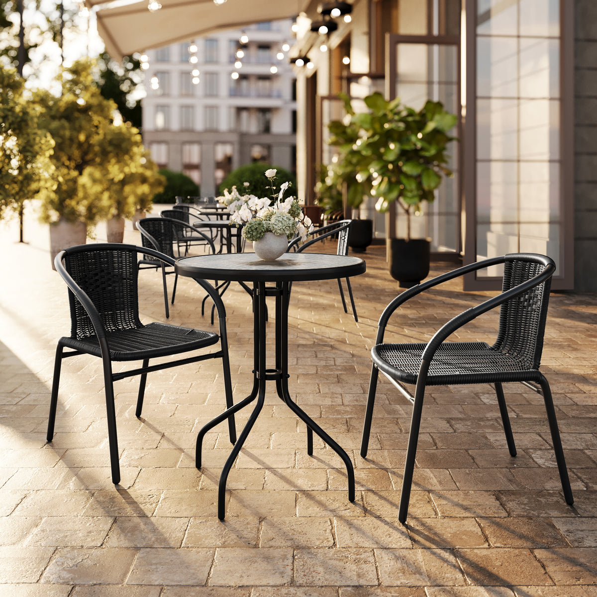 Lila 23.75'' Round Glass Metal Table with 2 Rattan Stack Chairs