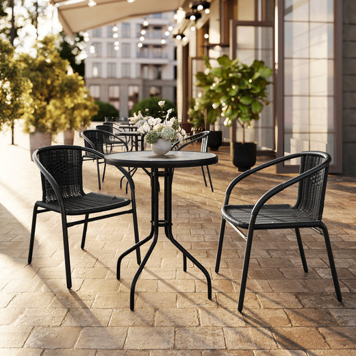 Lila 23.75'' Round Glass Metal Table with 2 Rattan Stack Chairs
