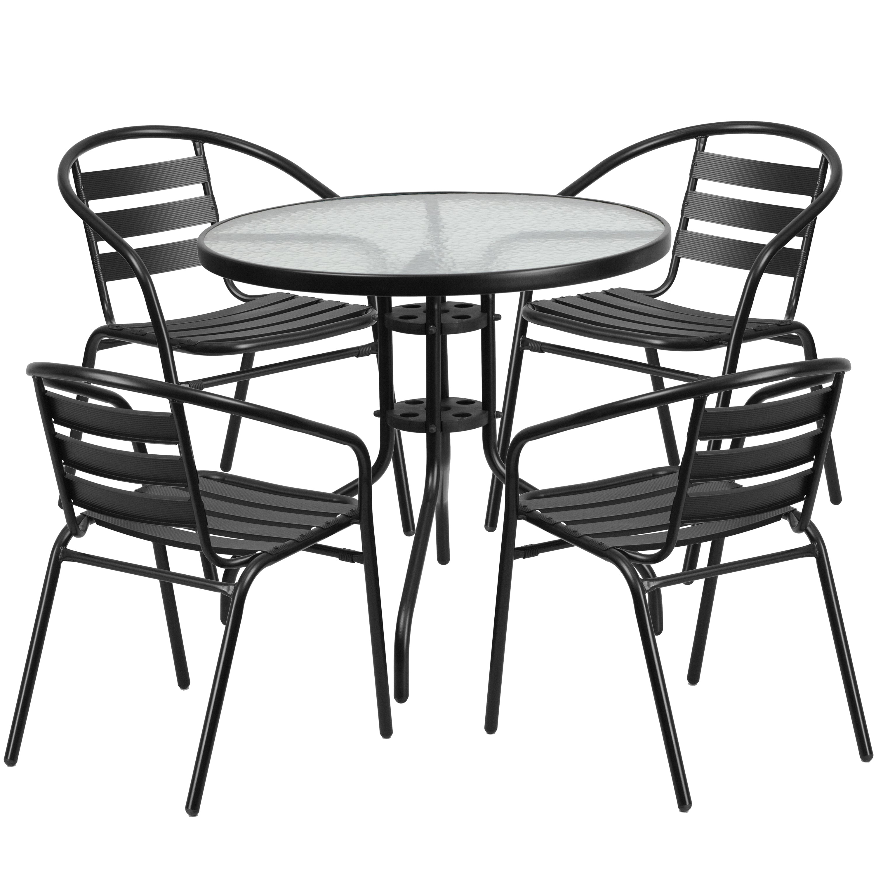 Lila 31.5'' Round Glass Metal Table with 4 Metal Aluminum Slat Stack Chairs-Indoor/Outdoor Dining Sets-Flash Furniture-Wall2Wall Furnishings