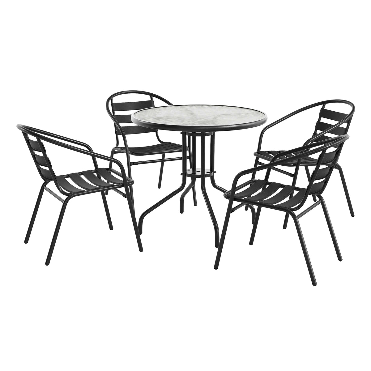 Lila 31.5'' Round Glass Metal Table with 4 Metal Aluminum Slat Stack Chairs