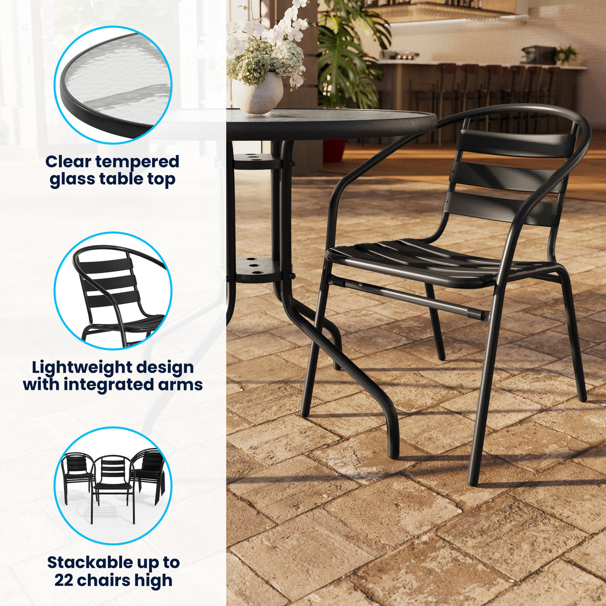 Lila 31.5'' Round Glass Metal Table with 4 Metal Aluminum Slat Stack Chairs
