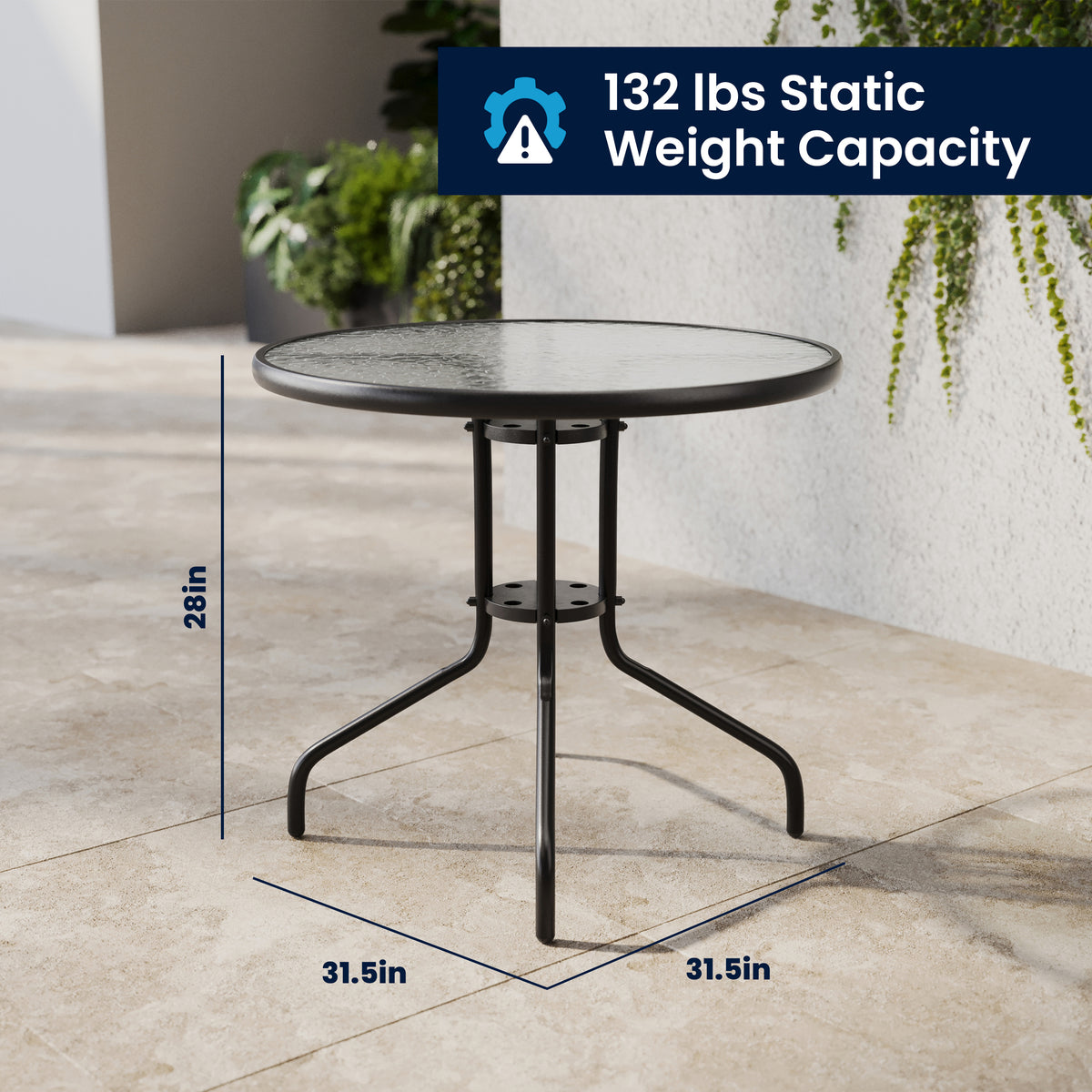 Lila 31.5'' Round Glass Metal Table with 4 Metal Aluminum Slat Stack Chairs