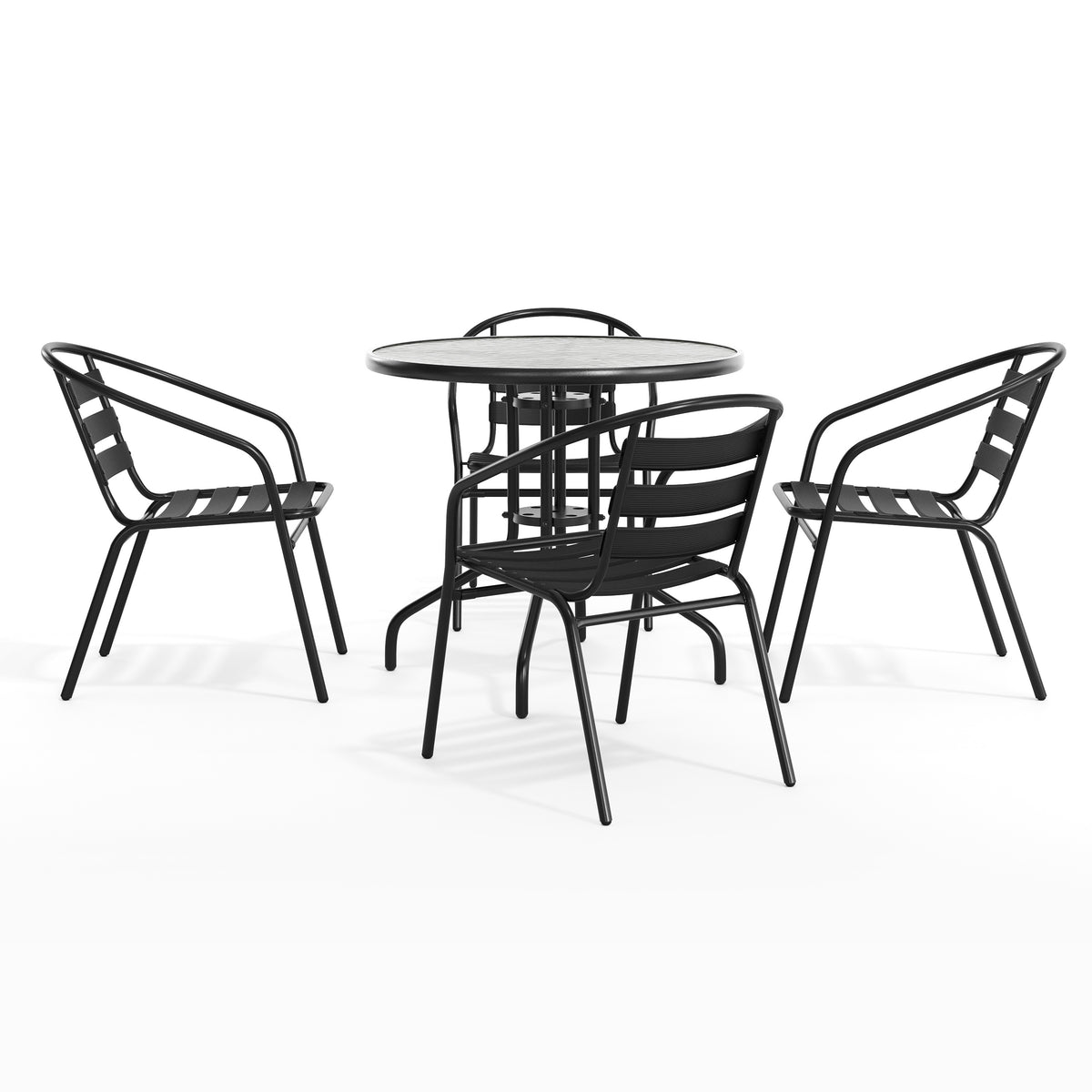 Lila 31.5'' Round Glass Metal Table with 4 Metal Aluminum Slat Stack Chairs