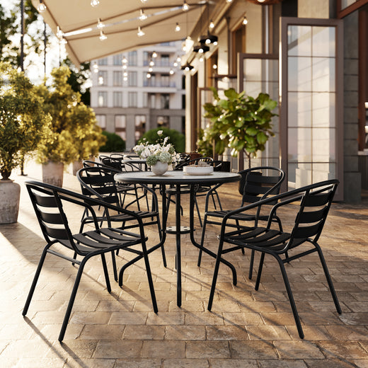 Lila 31.5'' Round Glass Metal Table with 4 Metal Aluminum Slat Stack Chairs