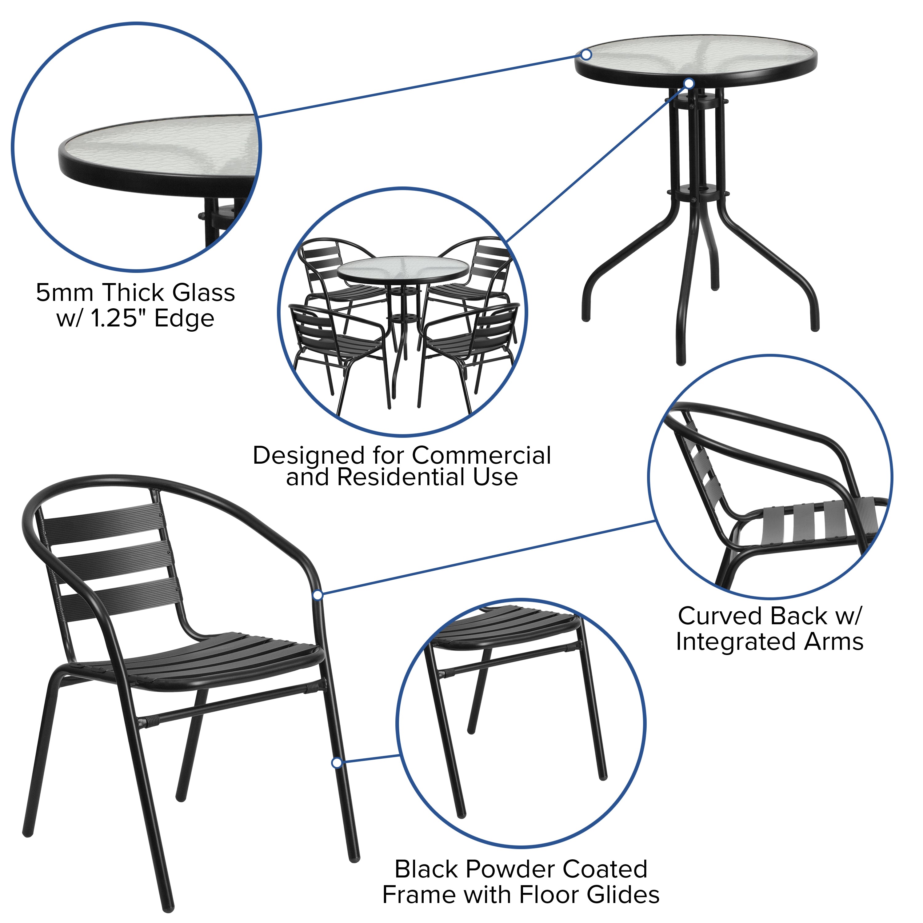 Lila 31.5'' Round Glass Metal Table with 4 Metal Aluminum Slat Stack Chairs-Indoor/Outdoor Dining Sets-Flash Furniture-Wall2Wall Furnishings