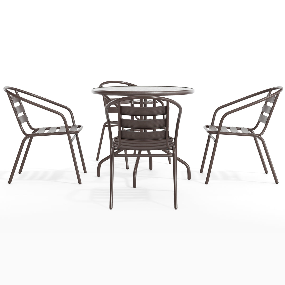 Lila 31.5'' Round Glass Metal Table with 4 Metal Aluminum Slat Stack Chairs