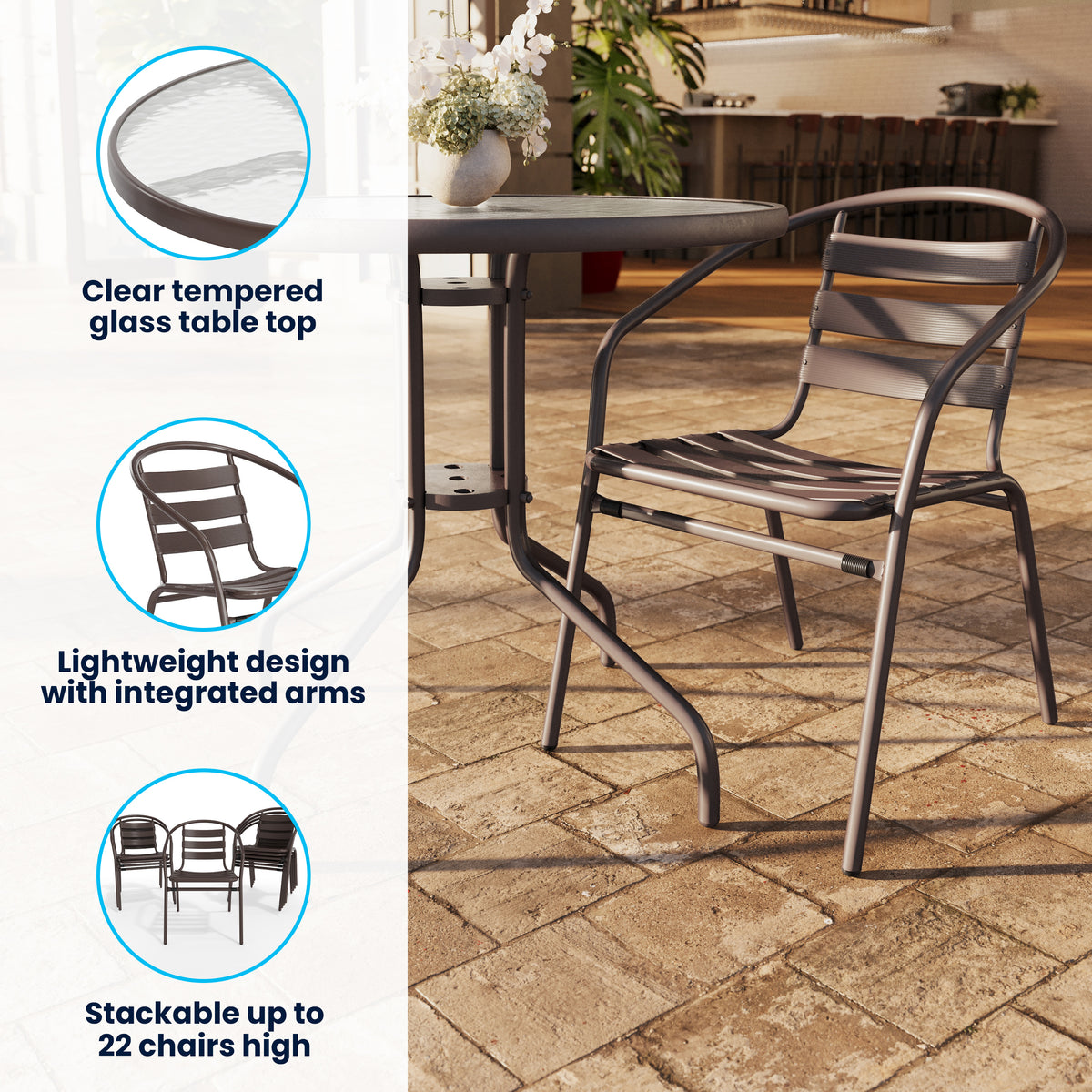 Lila 31.5'' Round Glass Metal Table with 4 Metal Aluminum Slat Stack Chairs
