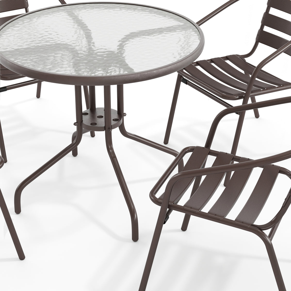 Lila 31.5'' Round Glass Metal Table with 4 Metal Aluminum Slat Stack Chairs