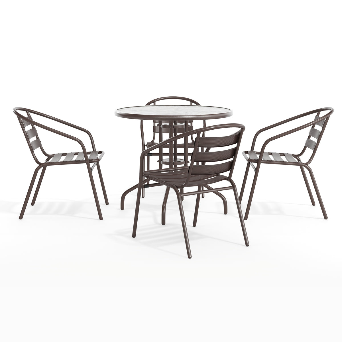 Lila 31.5'' Round Glass Metal Table with 4 Metal Aluminum Slat Stack Chairs