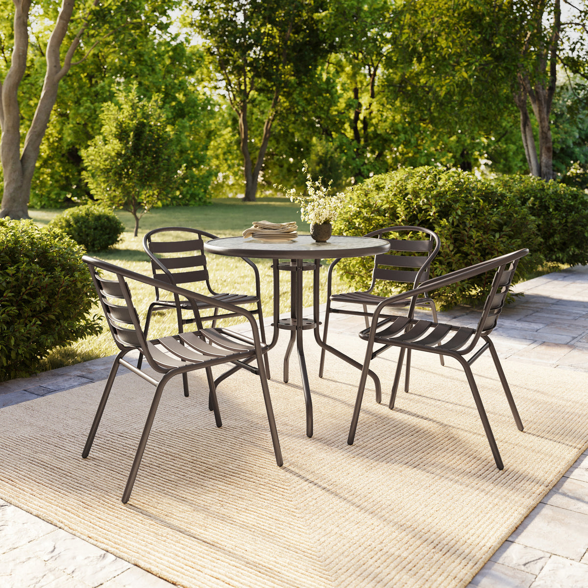 Lila 31.5'' Round Glass Metal Table with 4 Metal Aluminum Slat Stack Chairs