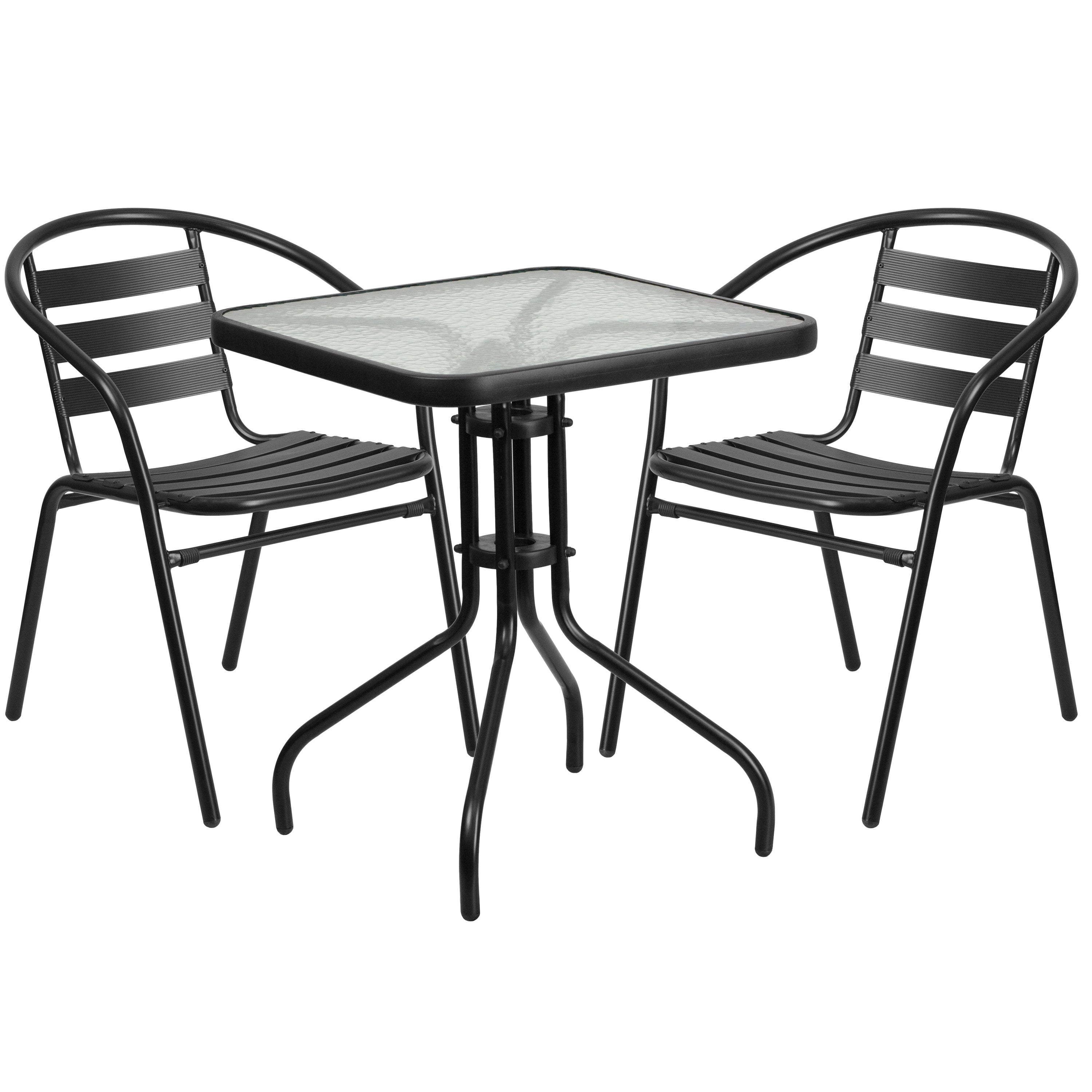 Lila 23.5'' Square Glass Metal Table with 2 Metal Aluminum Slat Stack Chairs-Indoor/Outdoor Dining Sets-Flash Furniture-Wall2Wall Furnishings
