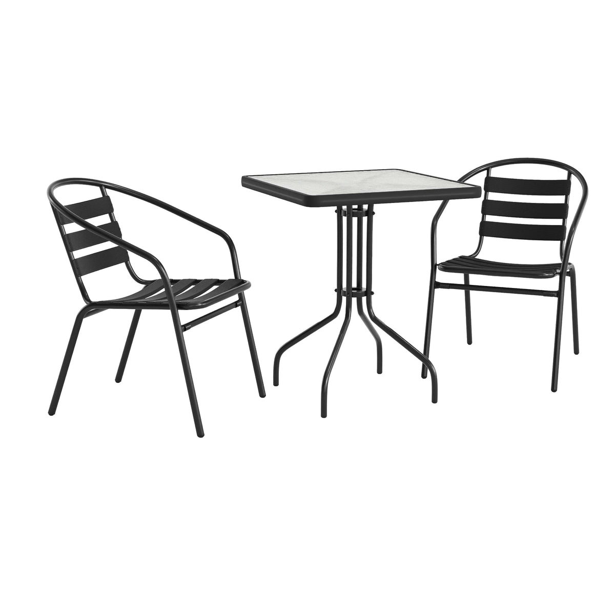 Lila 23.5'' Square Glass Metal Table with 2 Metal Aluminum Slat Stack Chairs
