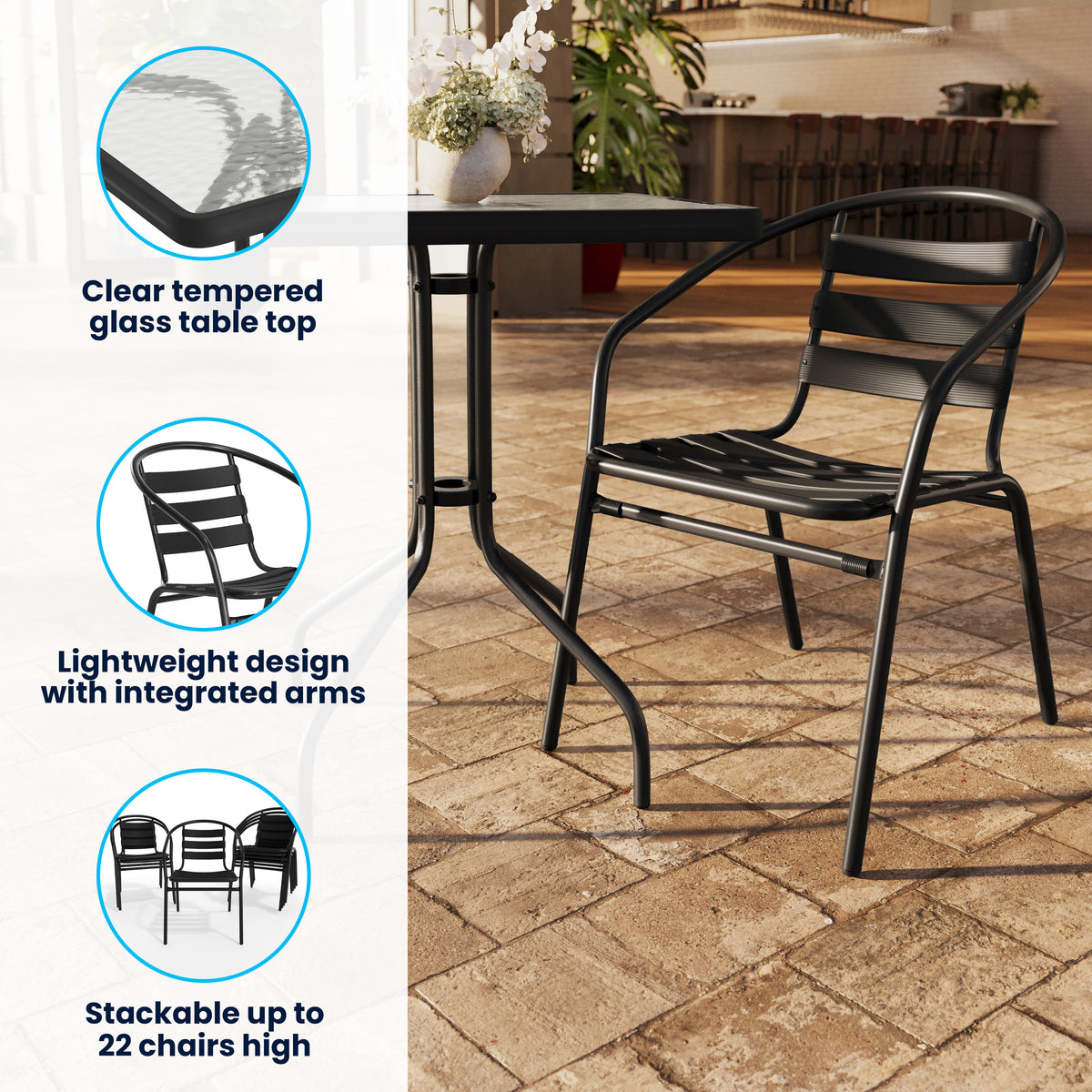 Lila 23.5'' Square Glass Metal Table with 2 Metal Aluminum Slat Stack Chairs