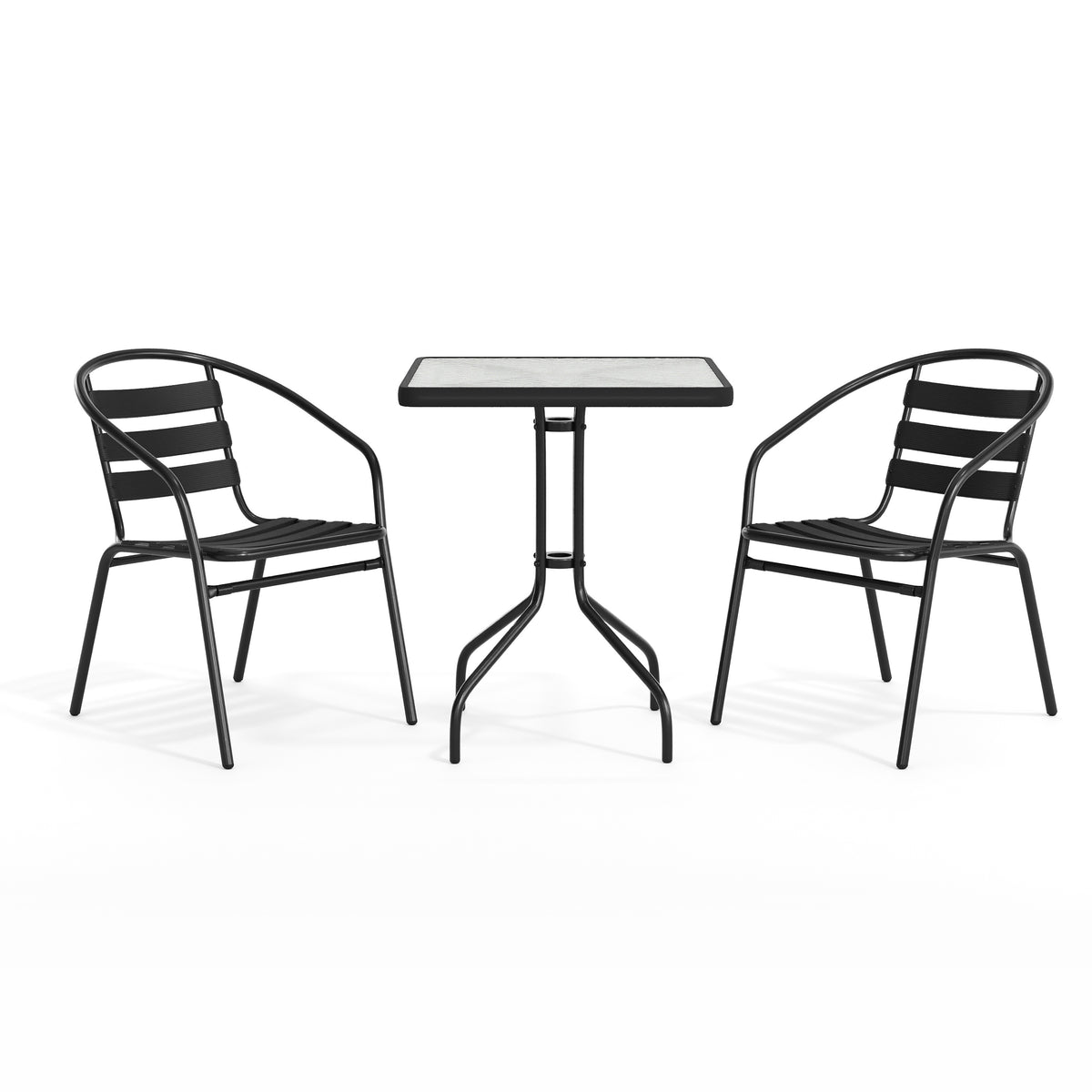 Lila 23.5'' Square Glass Metal Table with 2 Metal Aluminum Slat Stack Chairs