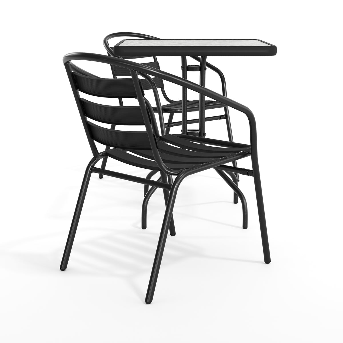 Lila 23.5'' Square Glass Metal Table with 2 Metal Aluminum Slat Stack Chairs