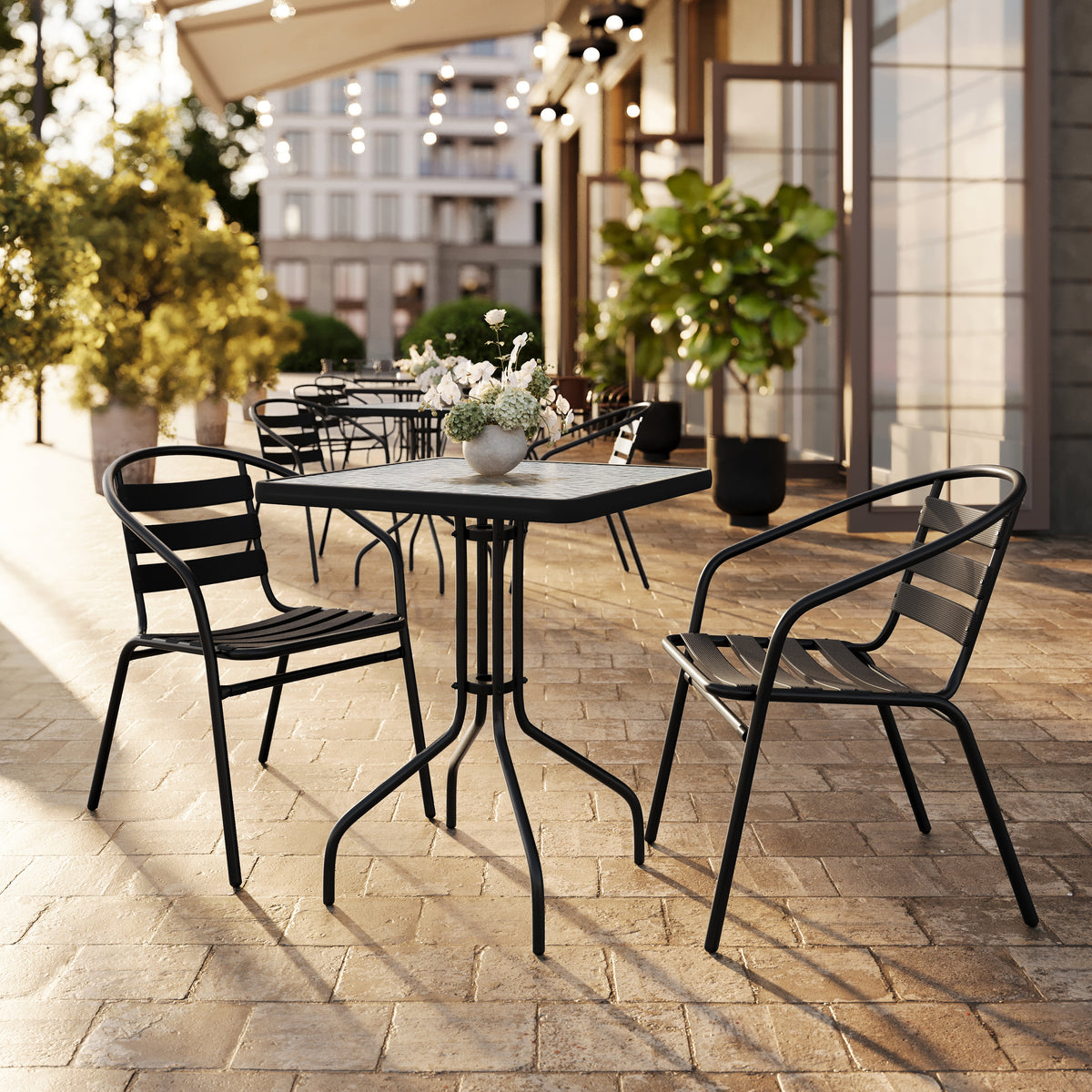 Lila 23.5'' Square Glass Metal Table with 2 Metal Aluminum Slat Stack Chairs
